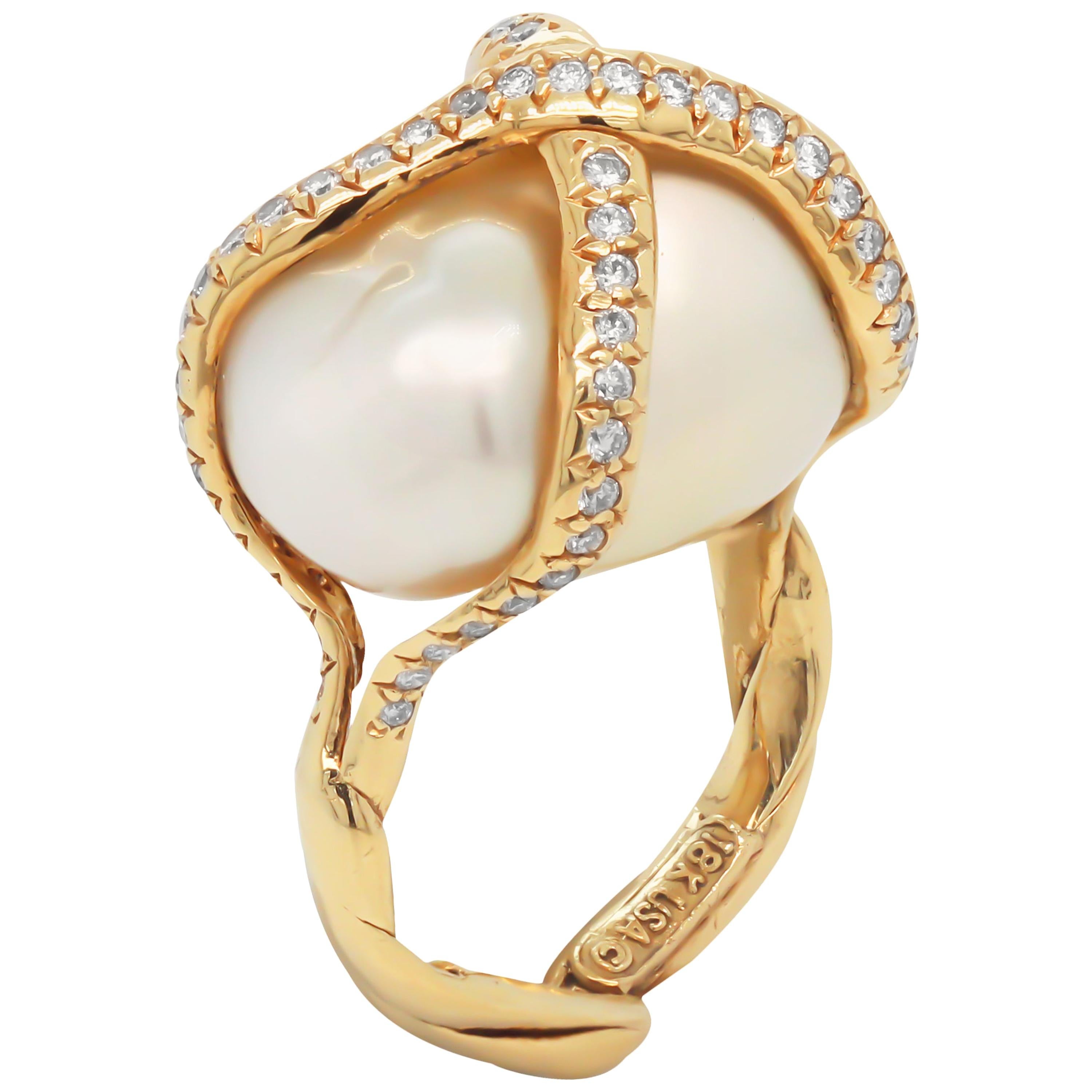South Sea Baroque Pearl Yellow Gold and Diamond Ring Stambolian