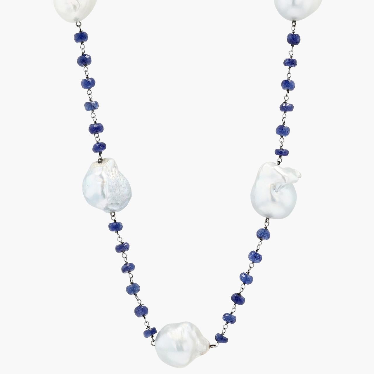 Bead South Sea Baroque Pearls and Sapphire Necklace  For Sale