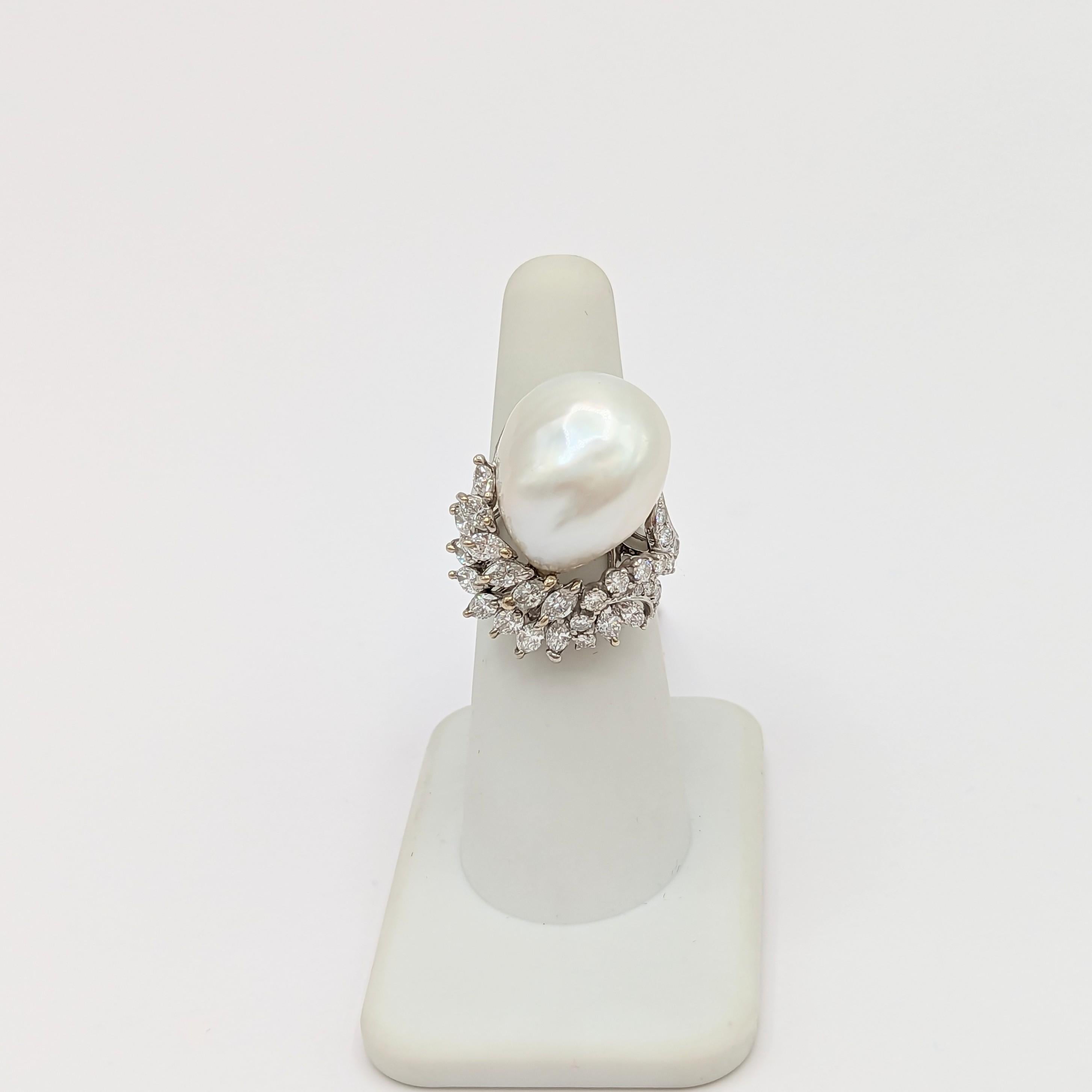 Marquise Cut South Sea Baroque White Pearl and White Diamond Cocktail Ring in Platinum