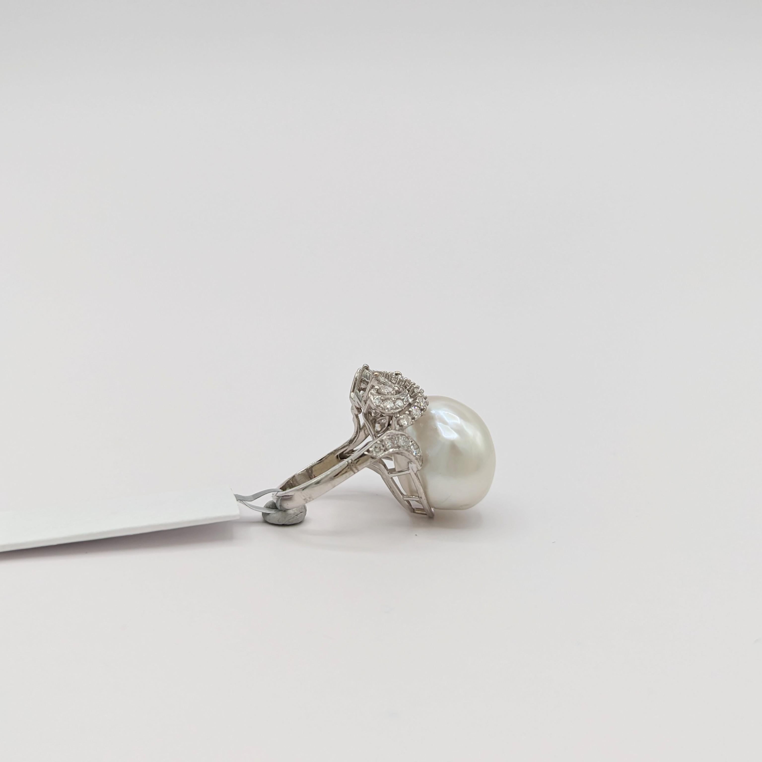 South Sea Baroque White Pearl and White Diamond Cocktail Ring in Platinum In New Condition In Los Angeles, CA