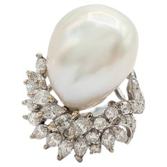 South Sea Baroque White Pearl and White Diamond Cocktail Ring in Platinum