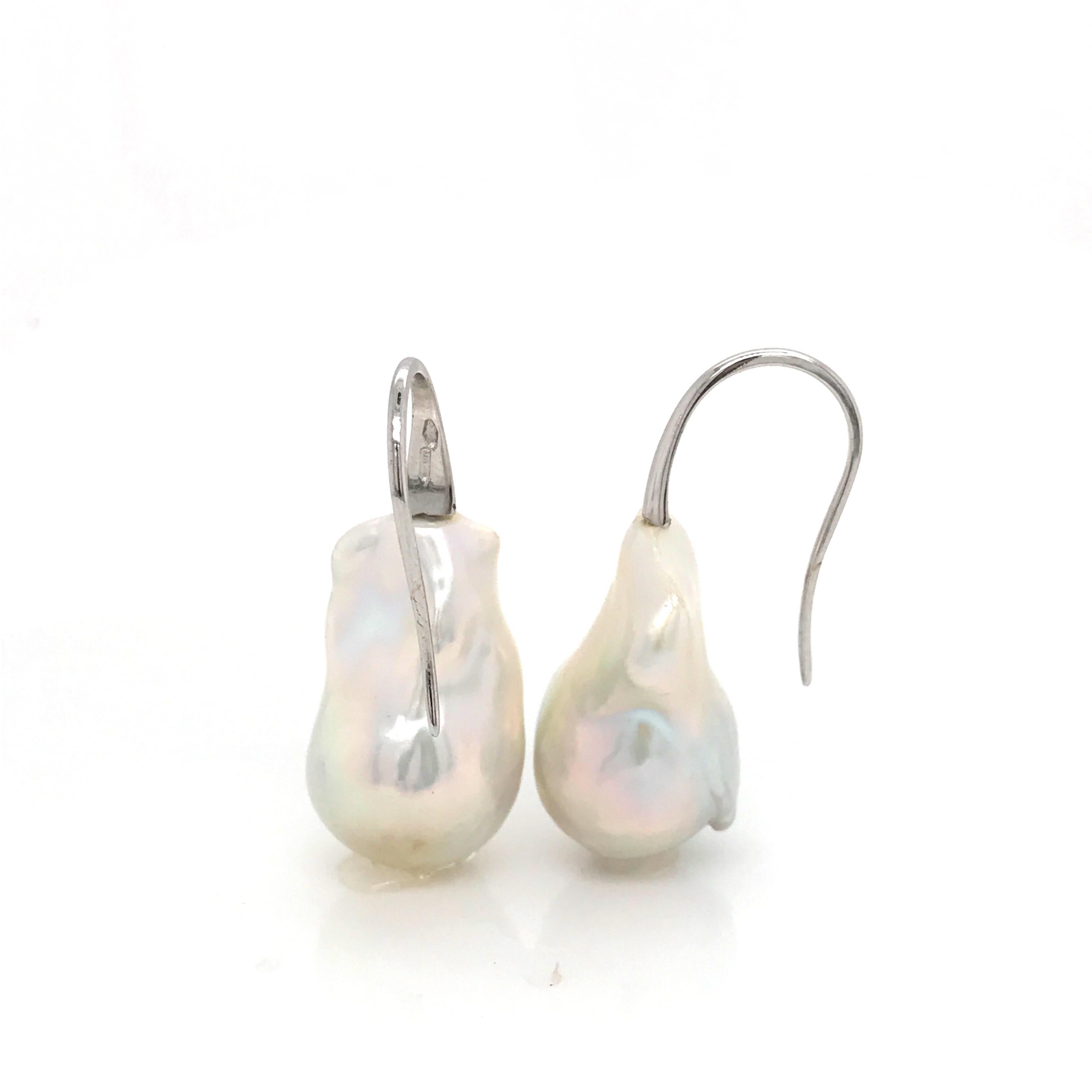 Contemporary South Sea Baroque White Pearl on White Gold 18 Karat Drop Earrings