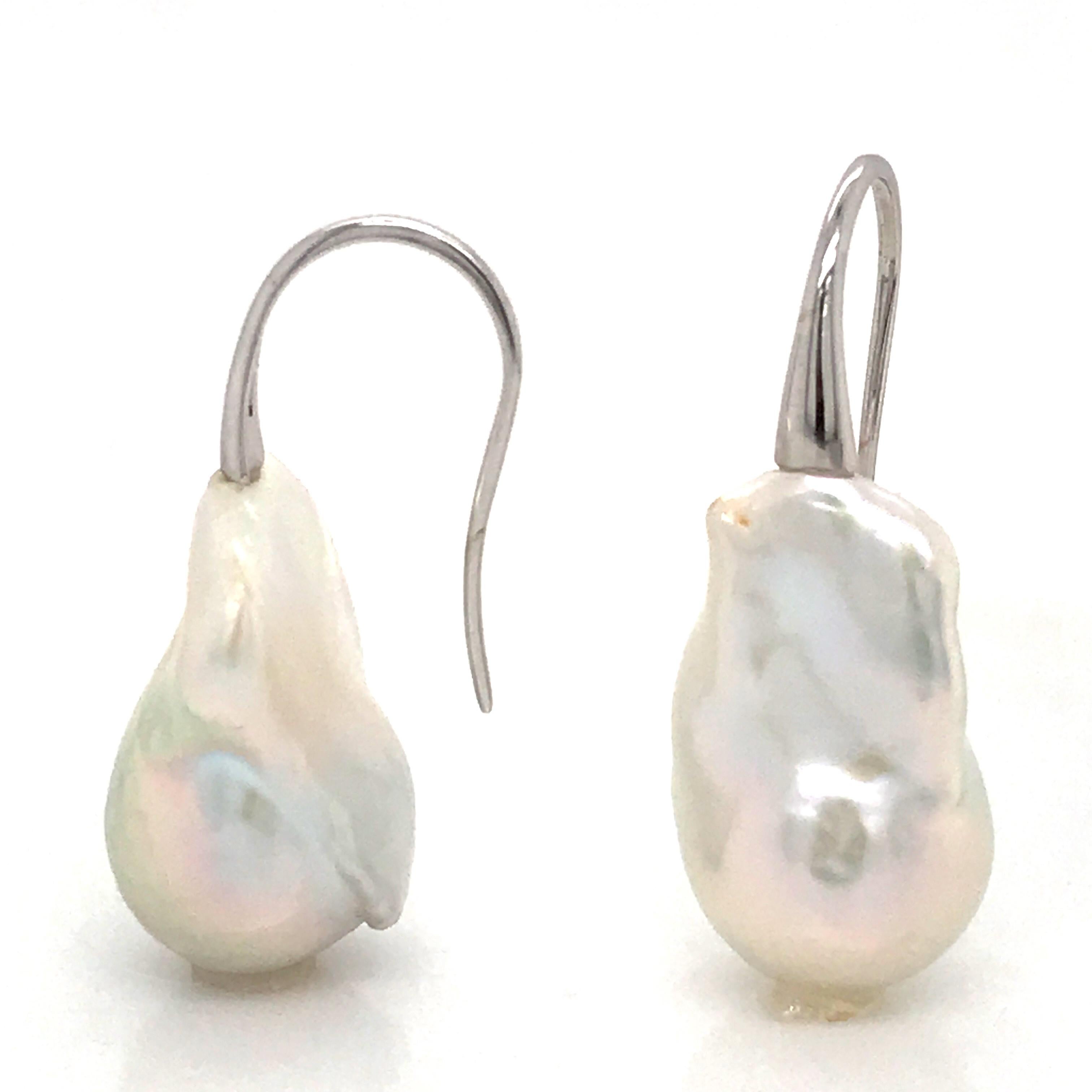 South Sea Baroque White Pearl on White Gold 18 Karat Drop Earrings 1