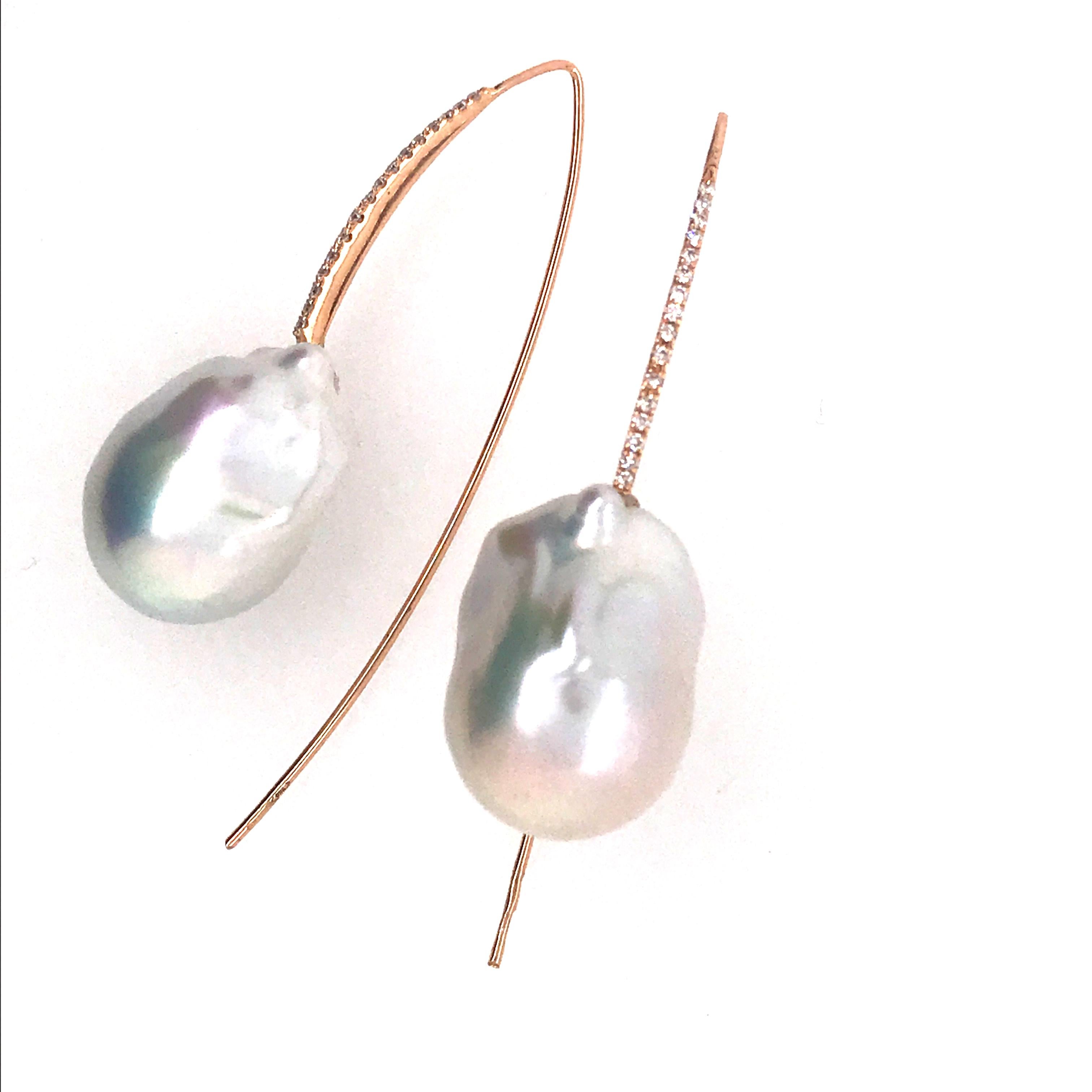 Artisan South Sea Baroques Pearls and Diamonds on Pink Gold 18 Karat Modern Earrings