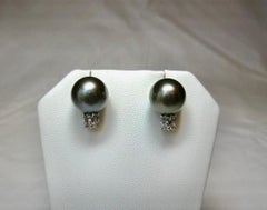 South Sea Black Pearl Eight Diamond Earrings 14 Karat White Gold Antique Estate