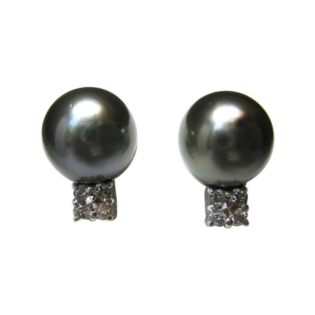 South Sea Black Pearl Eight Diamond Earrings 14 Karat White Gold Antique Estate For Sale