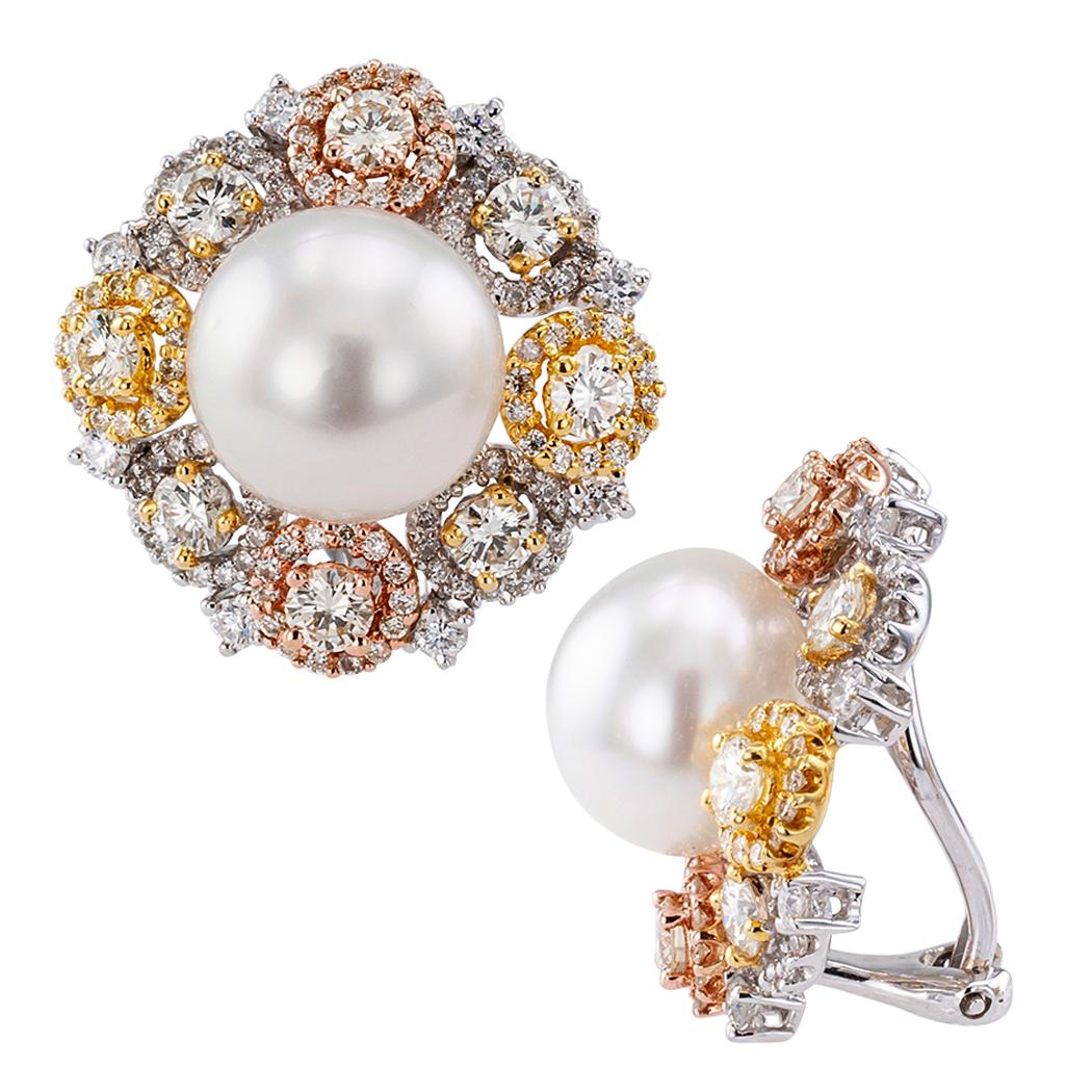 Contemporary South Sea Button Pearl Diamond Gold Ear Clips