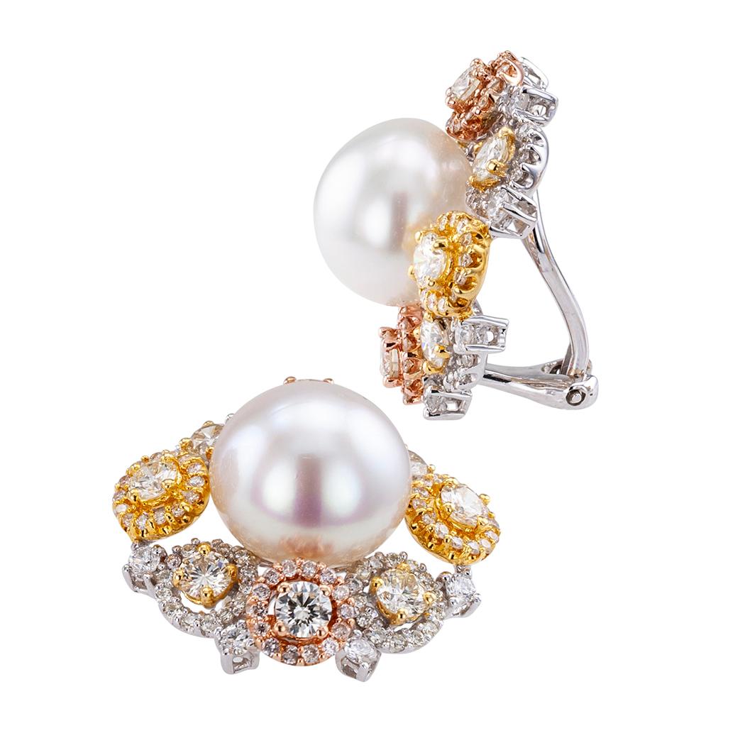 South Sea Button Pearl Diamond Gold Ear Clips In Good Condition In Los Angeles, CA