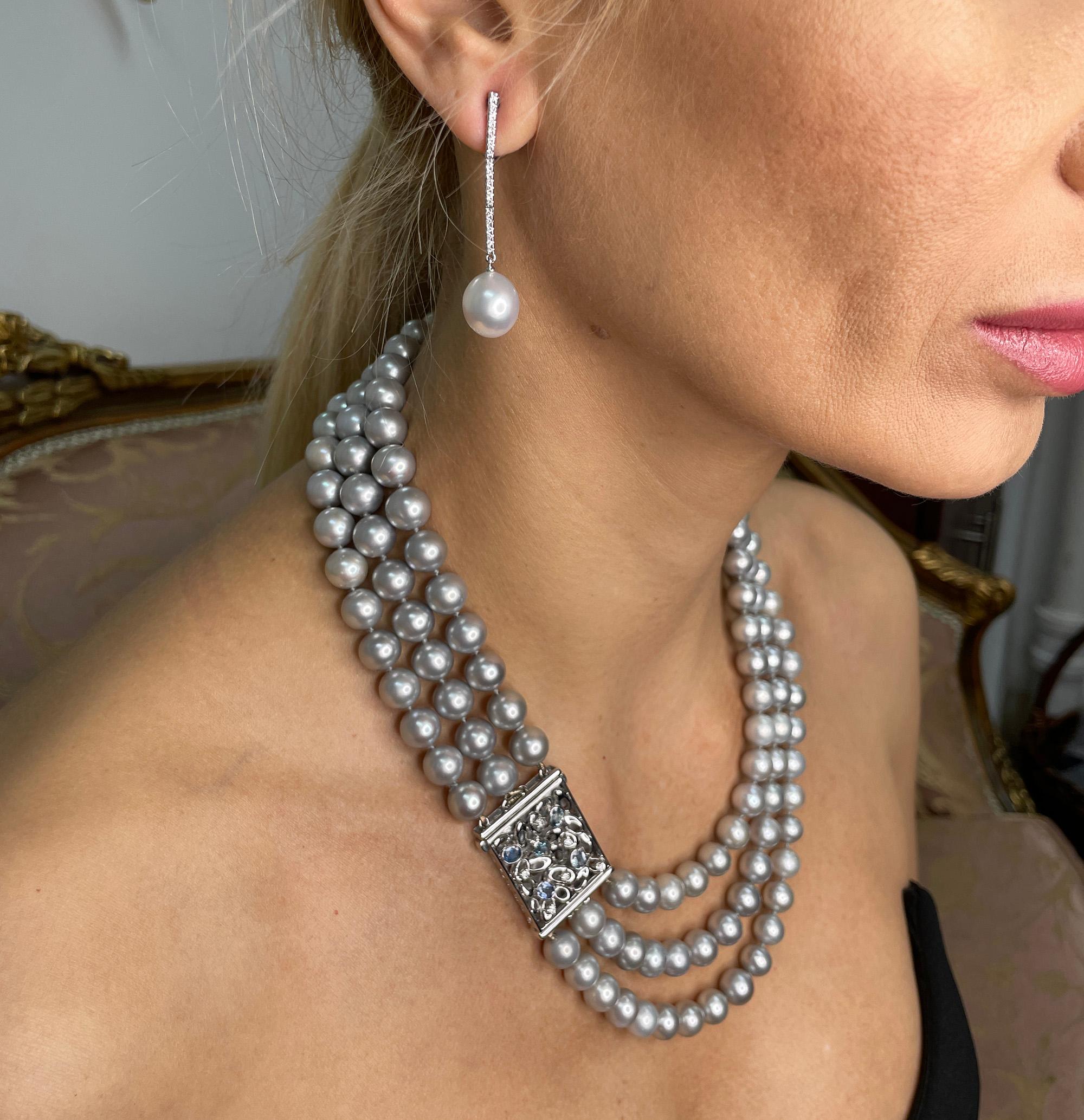 South Sea Cultured Pearl 11.5mm 0.30ctw Diamond Pendant Drop 18KW Gold Earrings For Sale 6