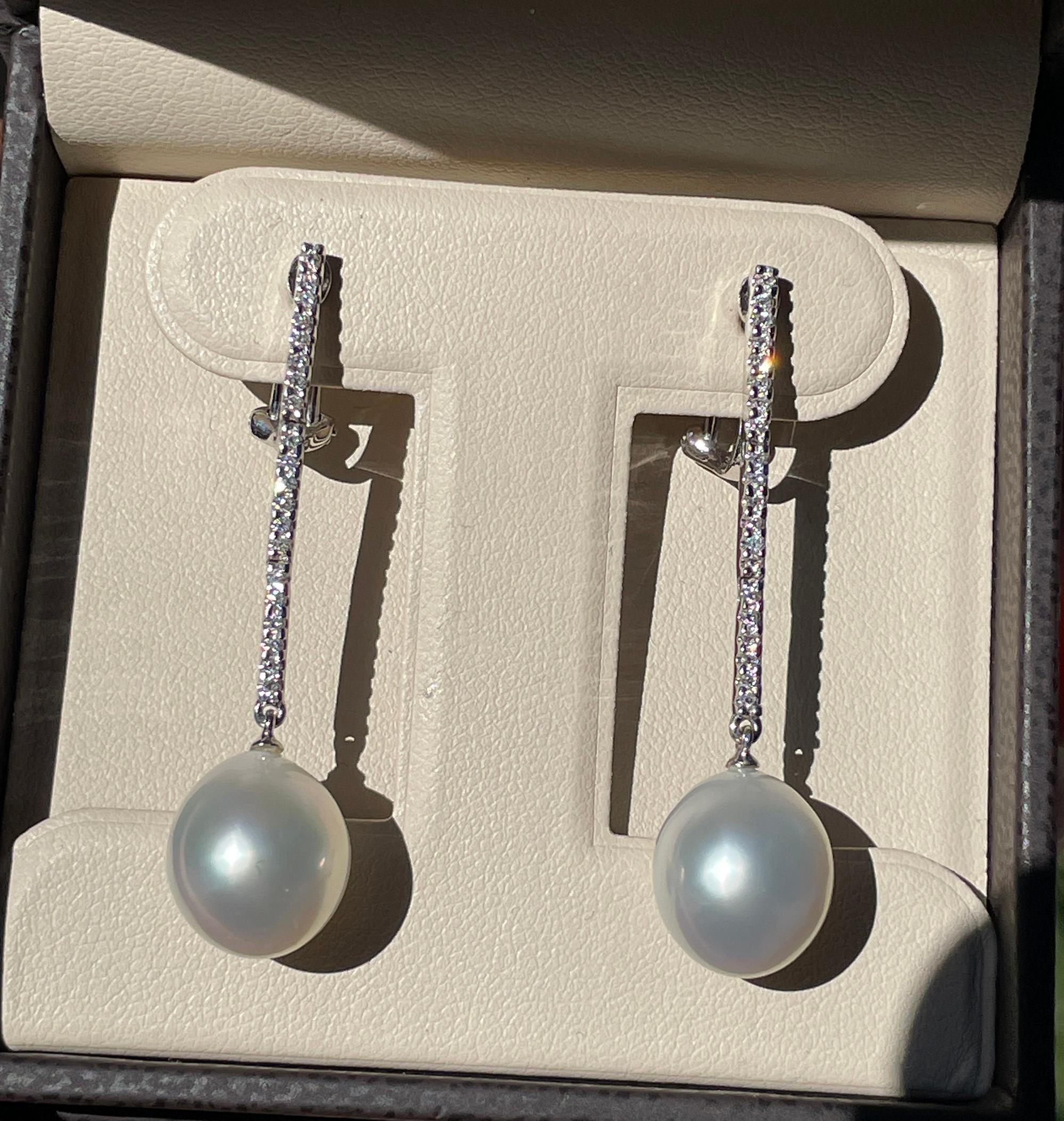 South Sea Cultured Pearl 11.5mm 0.30ctw Diamond Pendant Drop 18KW Gold Earrings For Sale 8
