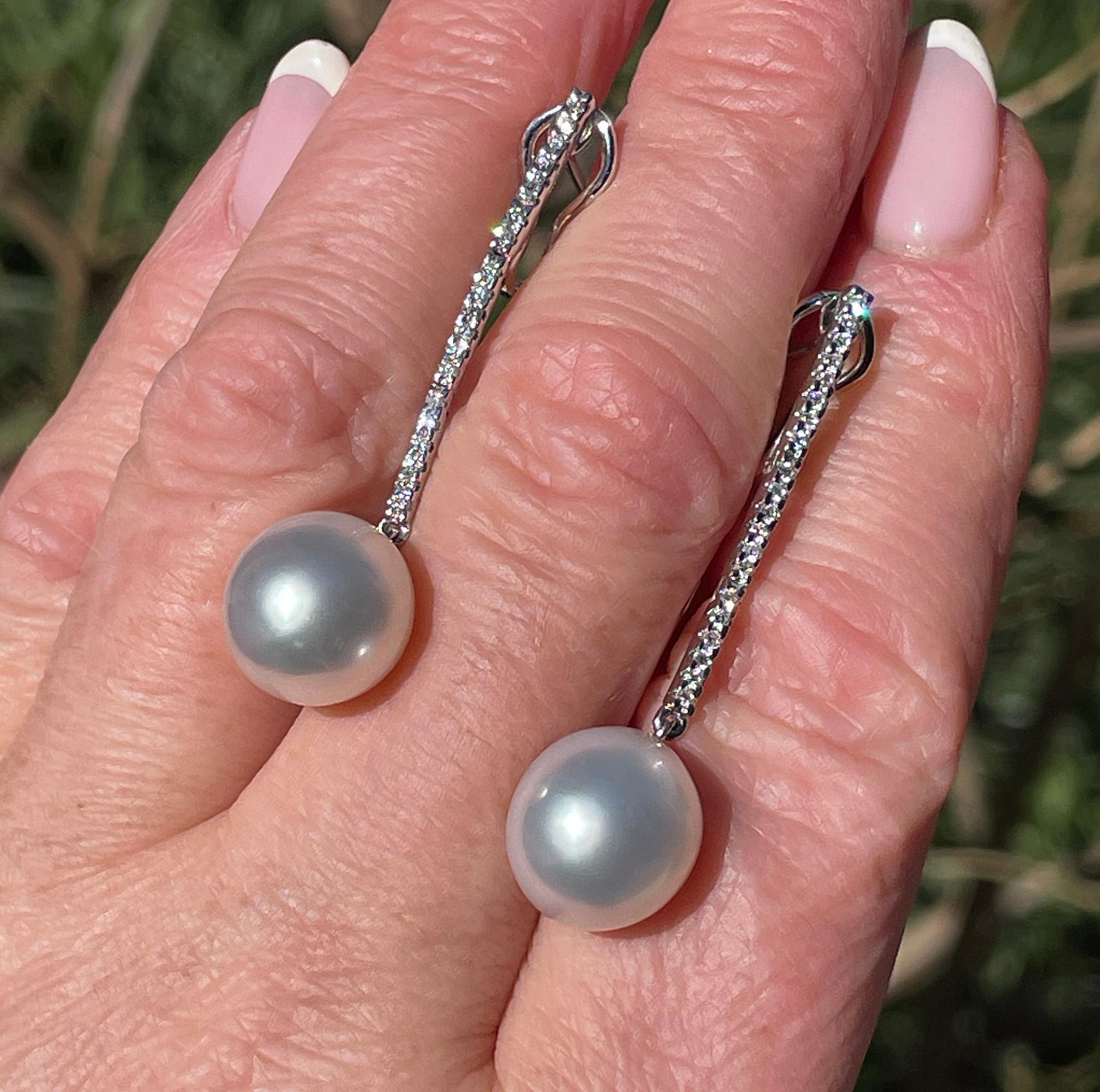 South Sea Cultured Pearl 11.5mm 0.30ctw Diamond Pendant Drop 18KW Gold Earrings For Sale 9