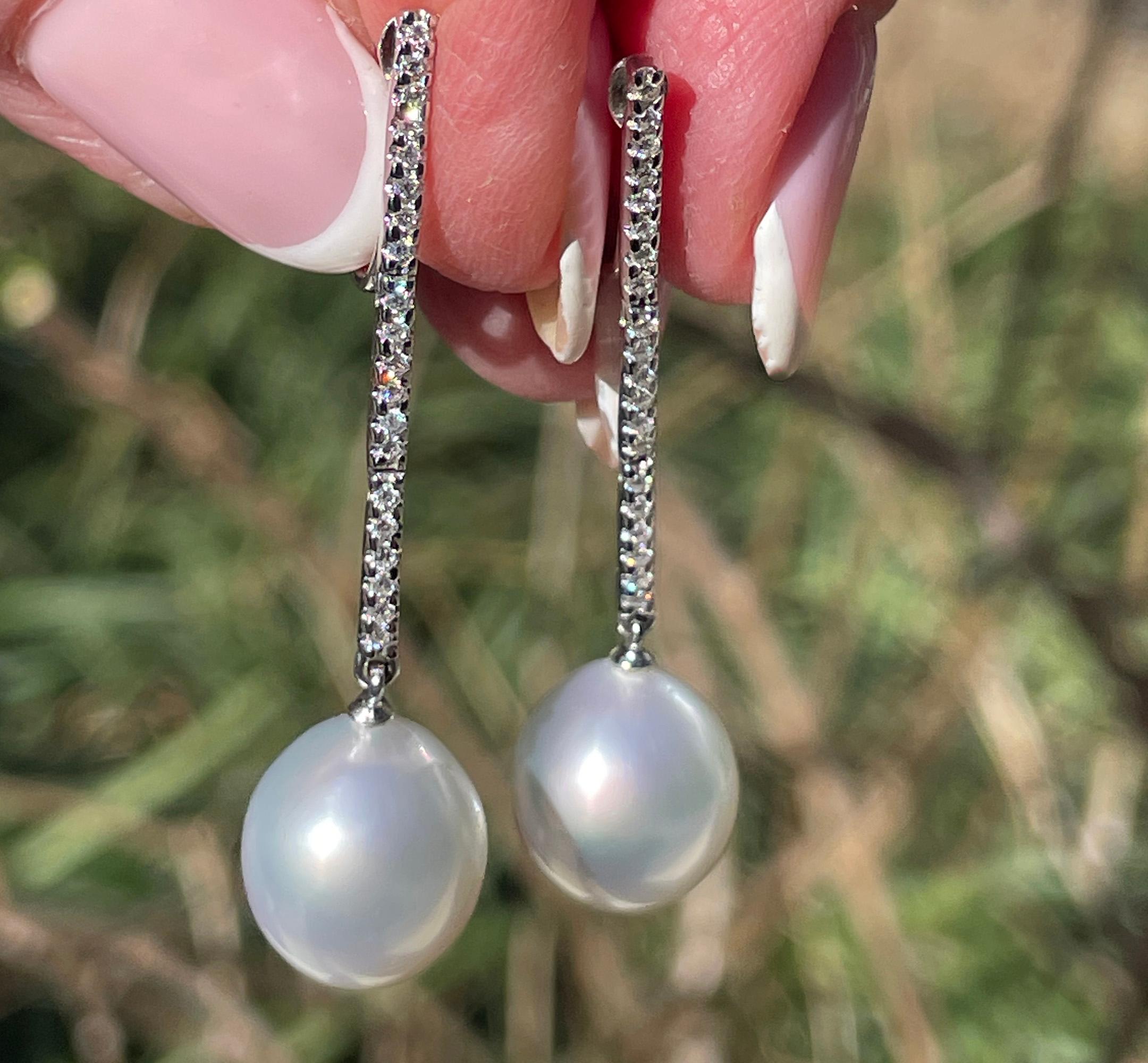 South Sea Cultured Pearl 11.5mm 0.30ctw Diamond Pendant Drop 18KW Gold Earrings For Sale 10