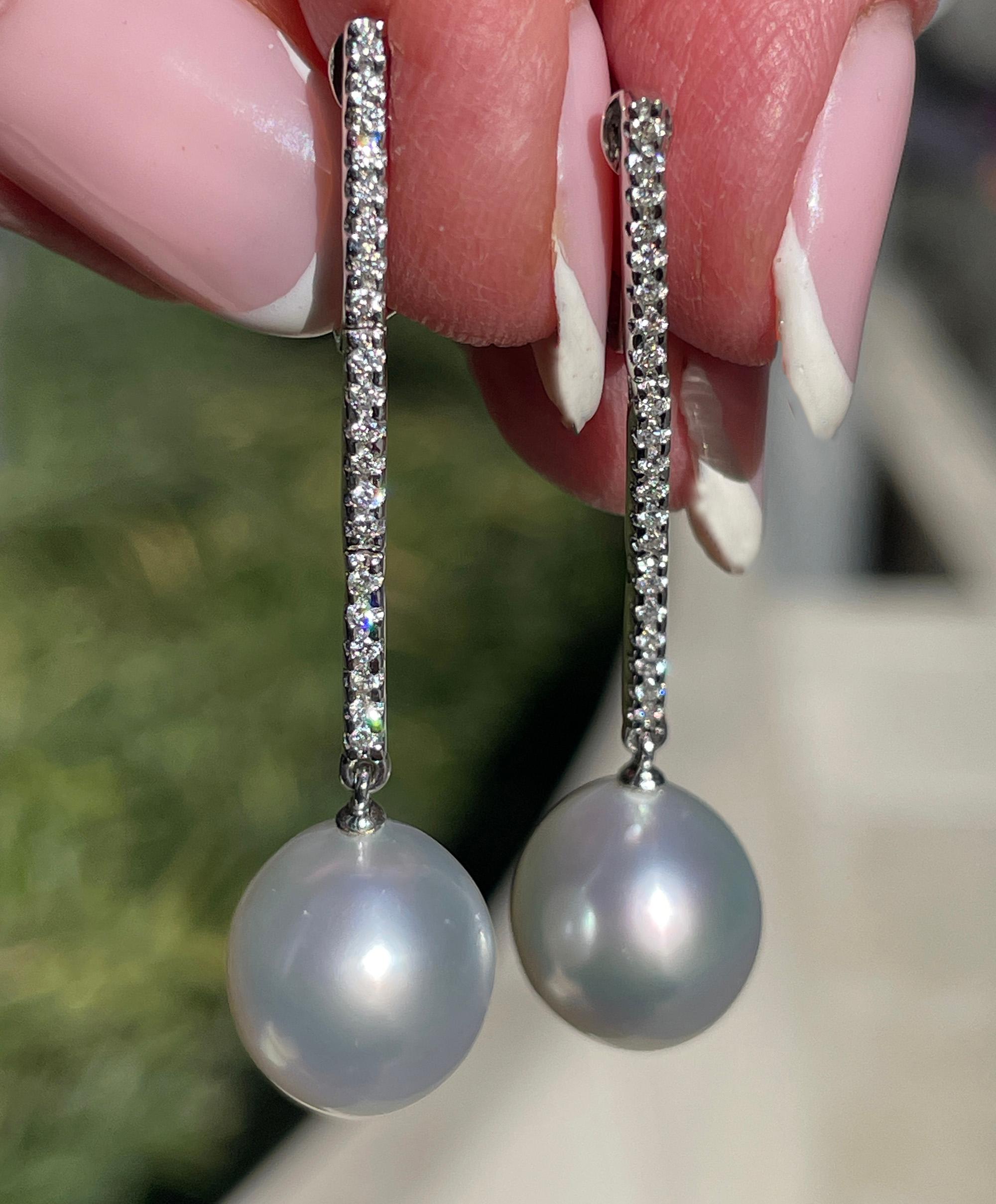 South Sea Cultured Pearl 11.5mm 0.30ctw Diamond Pendant Drop 18KW Gold Earrings For Sale 11