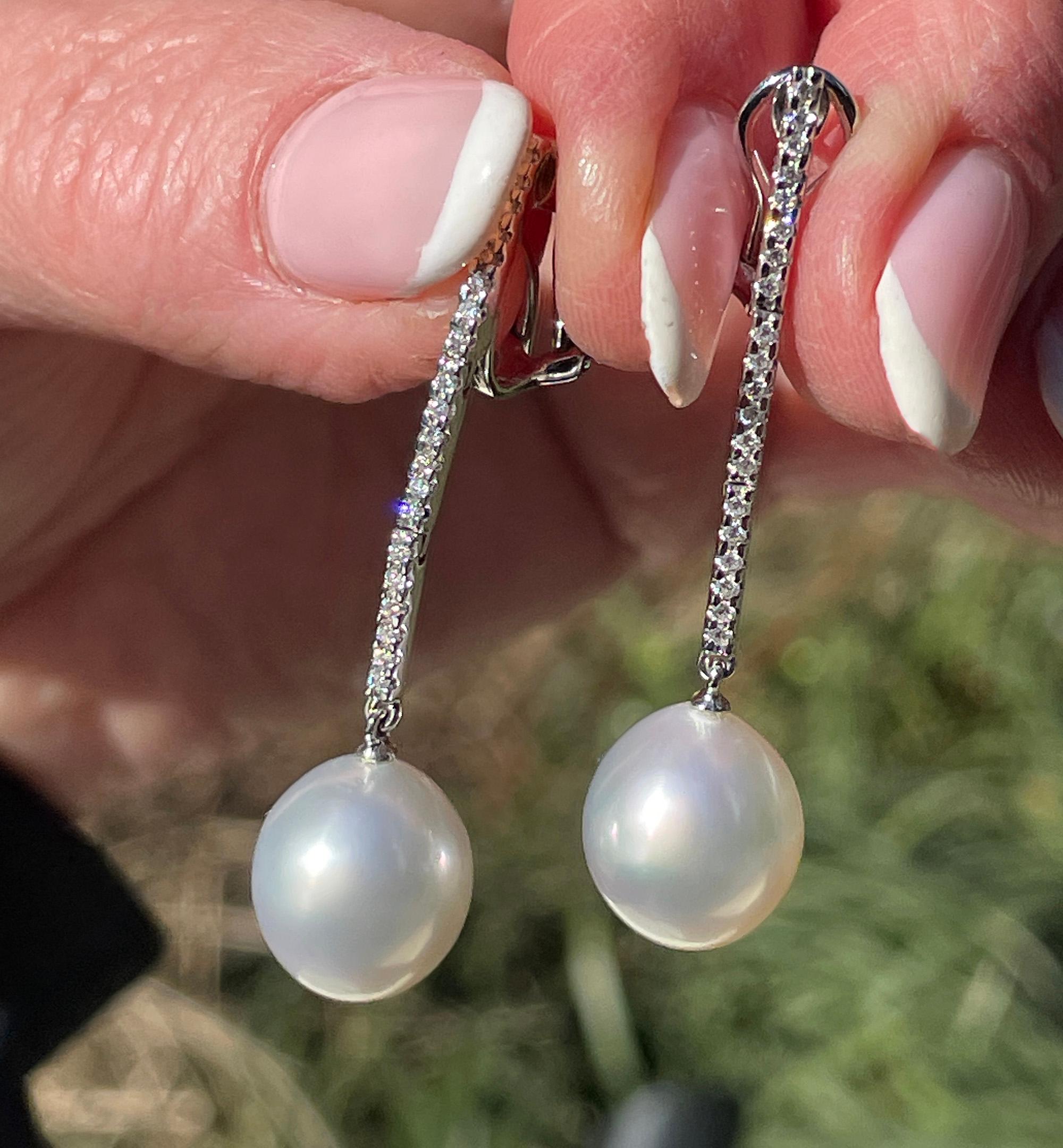 South Sea Cultured Pearl 11.5mm 0.30ctw Diamond Pendant Drop 18KW Gold Earrings For Sale 12