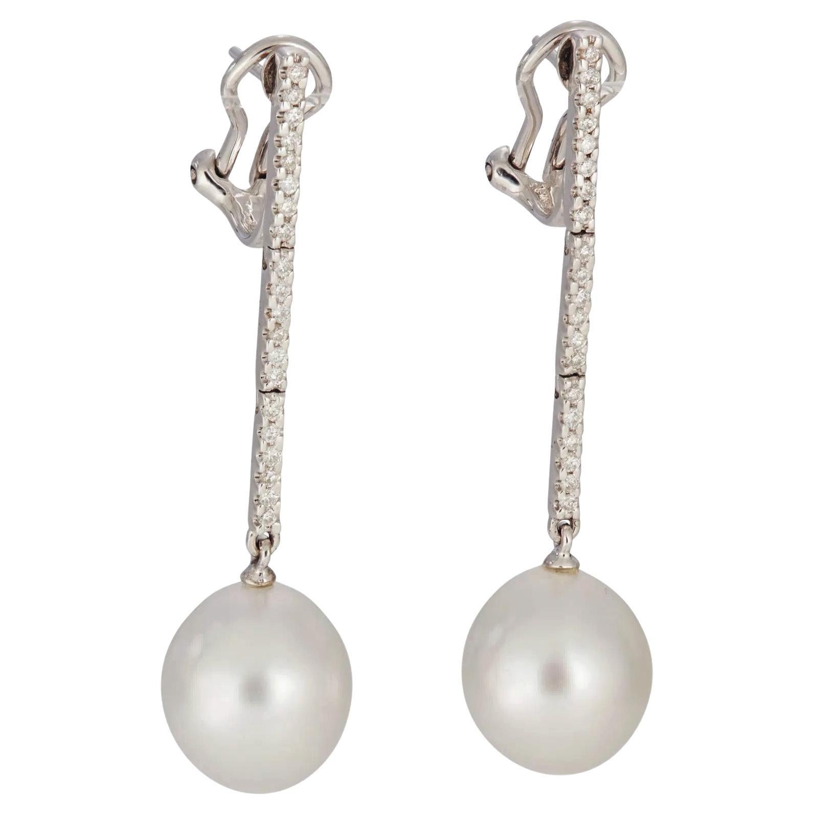 South Sea Cultured Pearl 11.5mm 0.30ctw Diamond Pendant Drop 18KW Gold Earrings