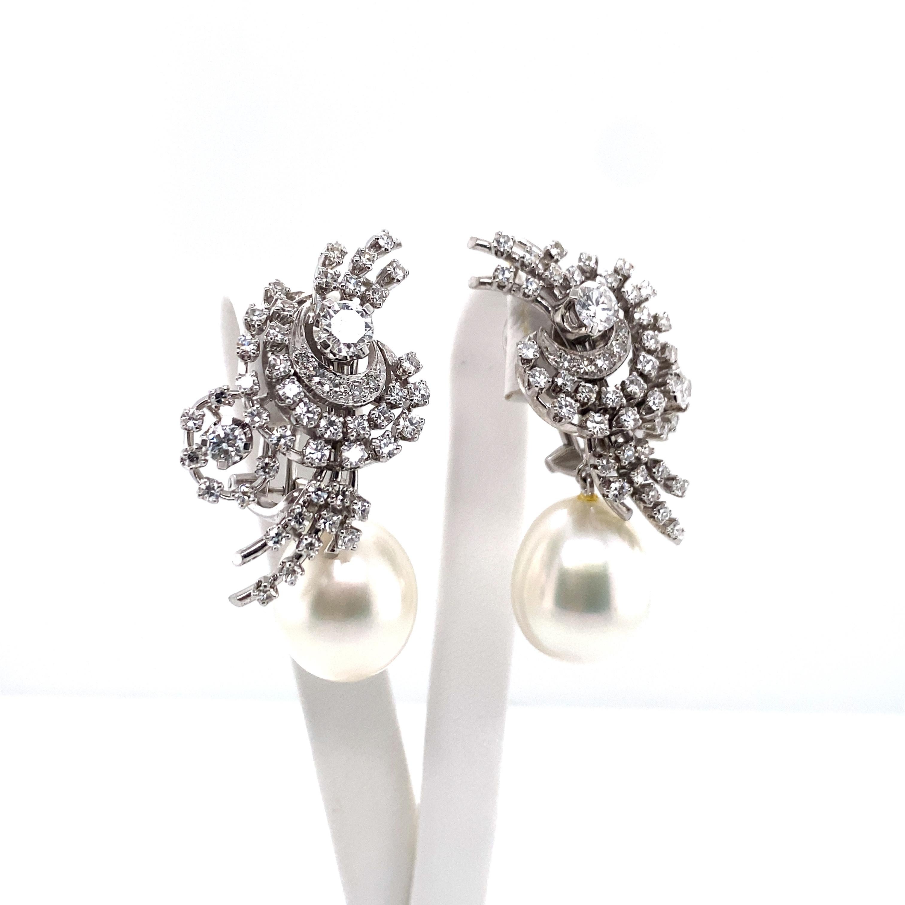 Contemporary South Sea Cultured Pearl and Diamond Earclips by Bucherer in 18 Karat White Gold