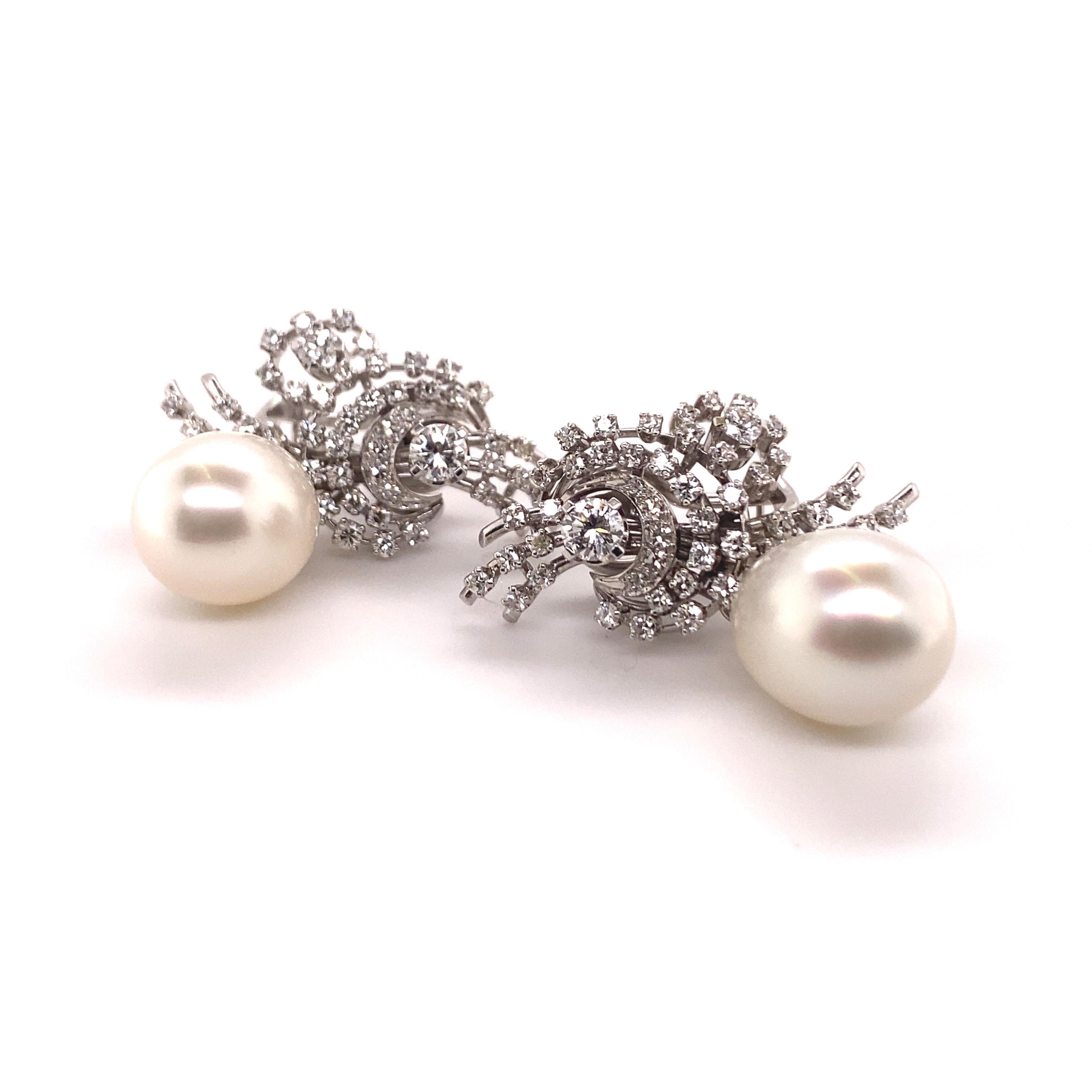 Brilliant Cut South Sea Cultured Pearl and Diamond Earclips by Bucherer in 18 Karat White Gold