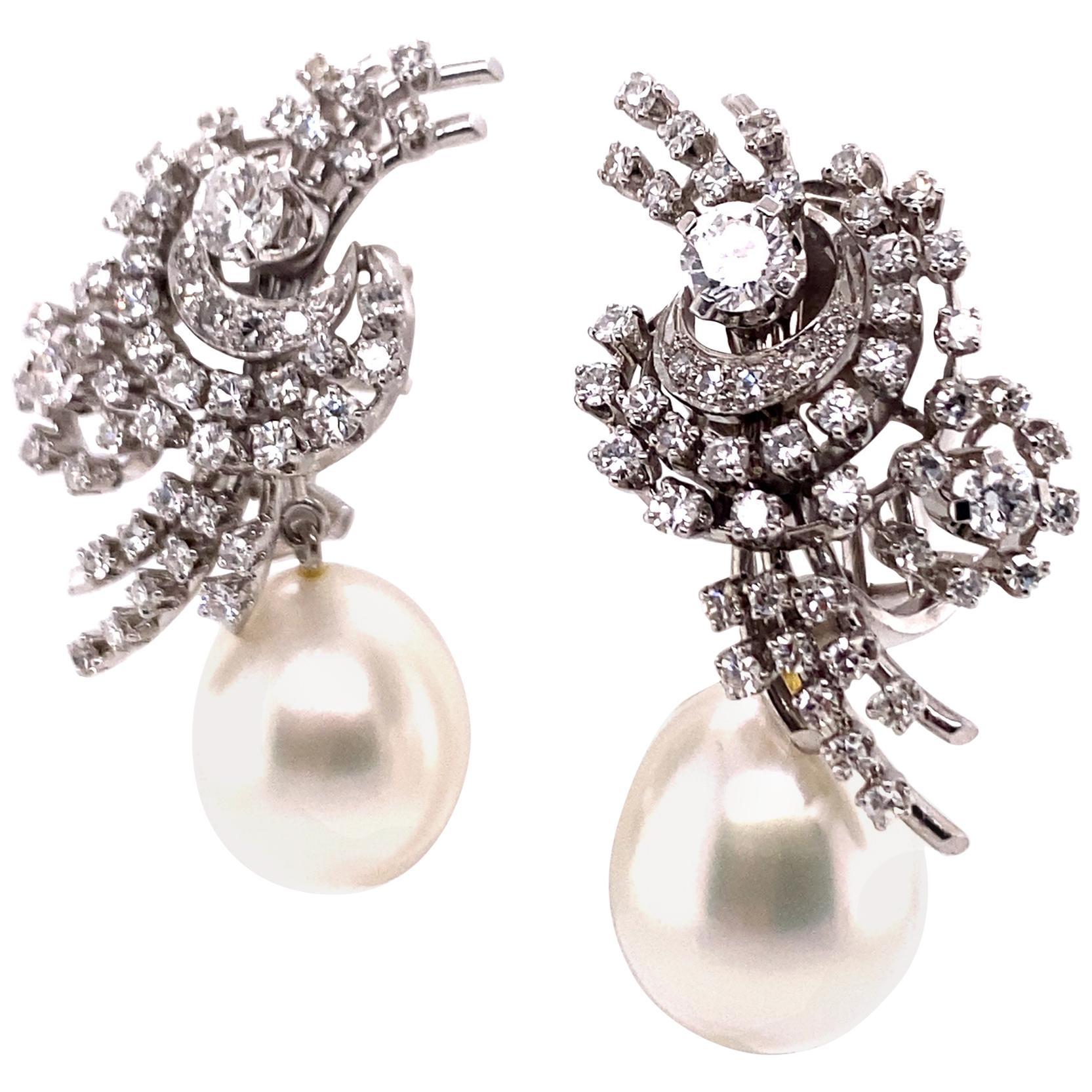 South Sea Cultured Pearl and Diamond Earclips by Bucherer in 18 Karat White Gold