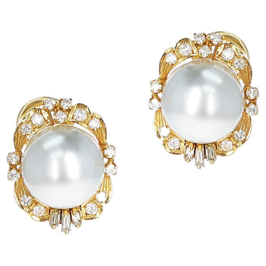 South Sea Cultured Pearl and Diamond Earrings, 14K Yellow Gold For Sale