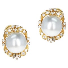 South Sea Cultured Pearl and Diamond Earrings, 14K Yellow Gold