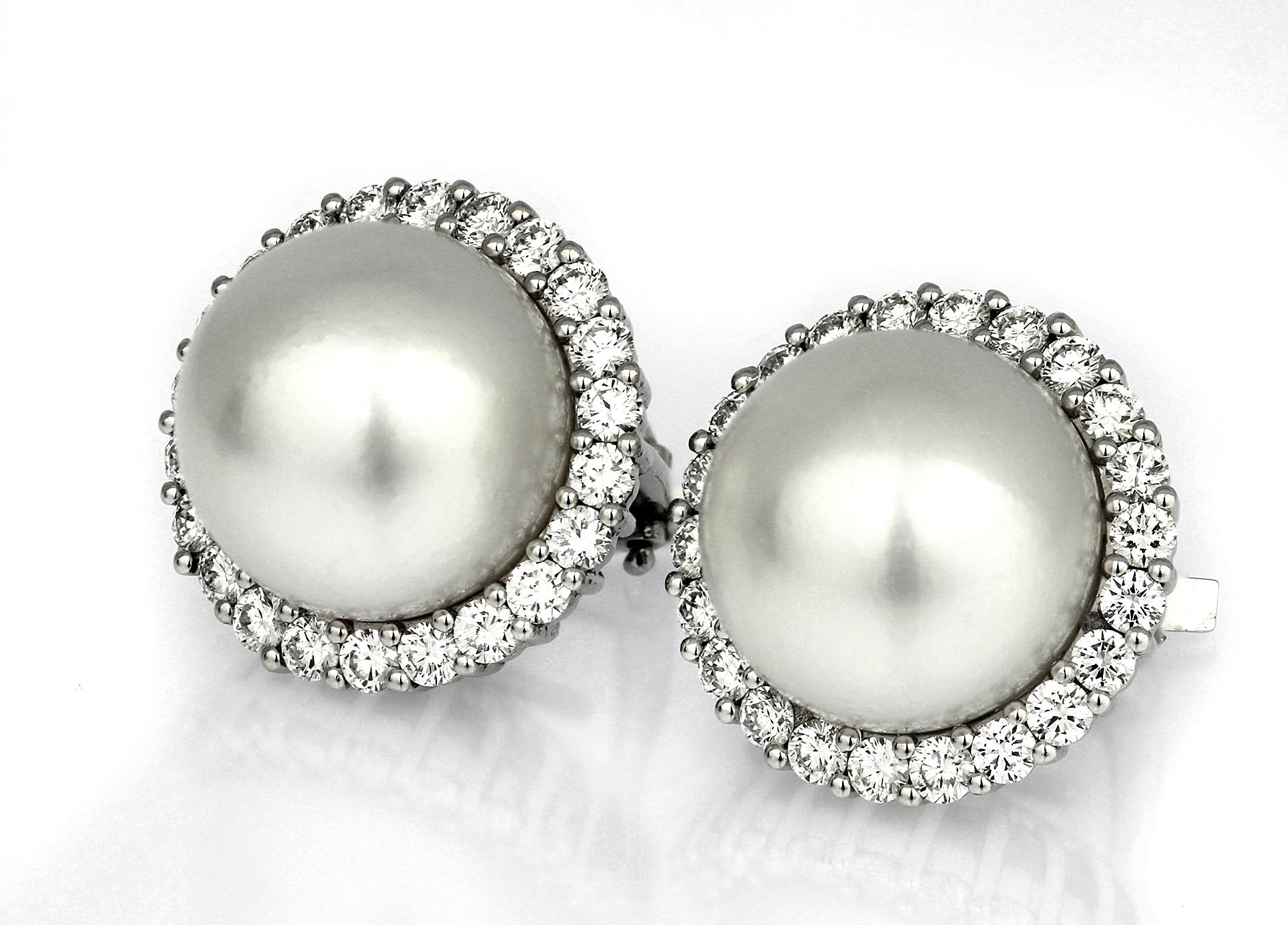 Round Cut South Sea Cultured-Pearl and Diamonds Cluster, Clip-On Earrings