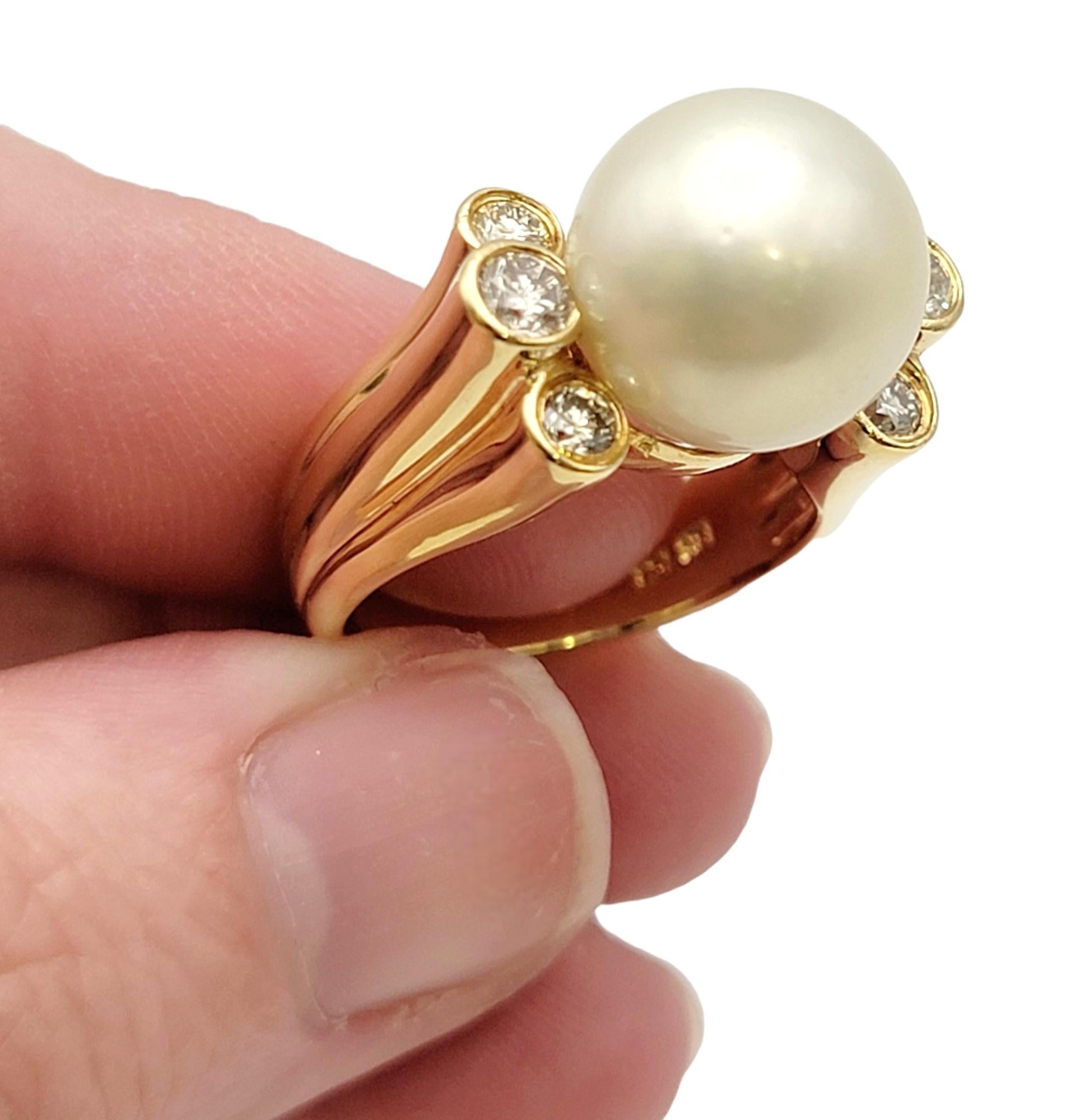 South Sea 12mm Cultured Pearl and Bezel Set Diamond Ring in 18 Yellow Gold  For Sale 1