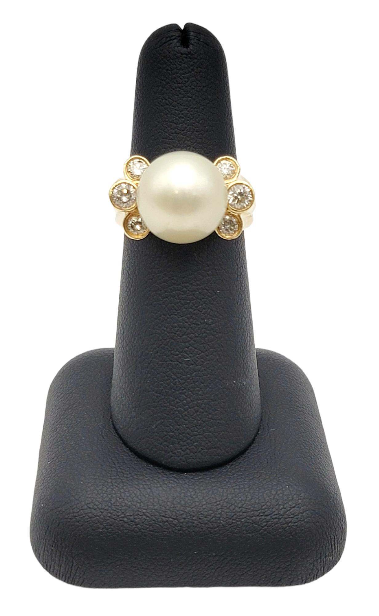 South Sea 12mm Cultured Pearl and Bezel Set Diamond Ring in 18 Yellow Gold  For Sale 2