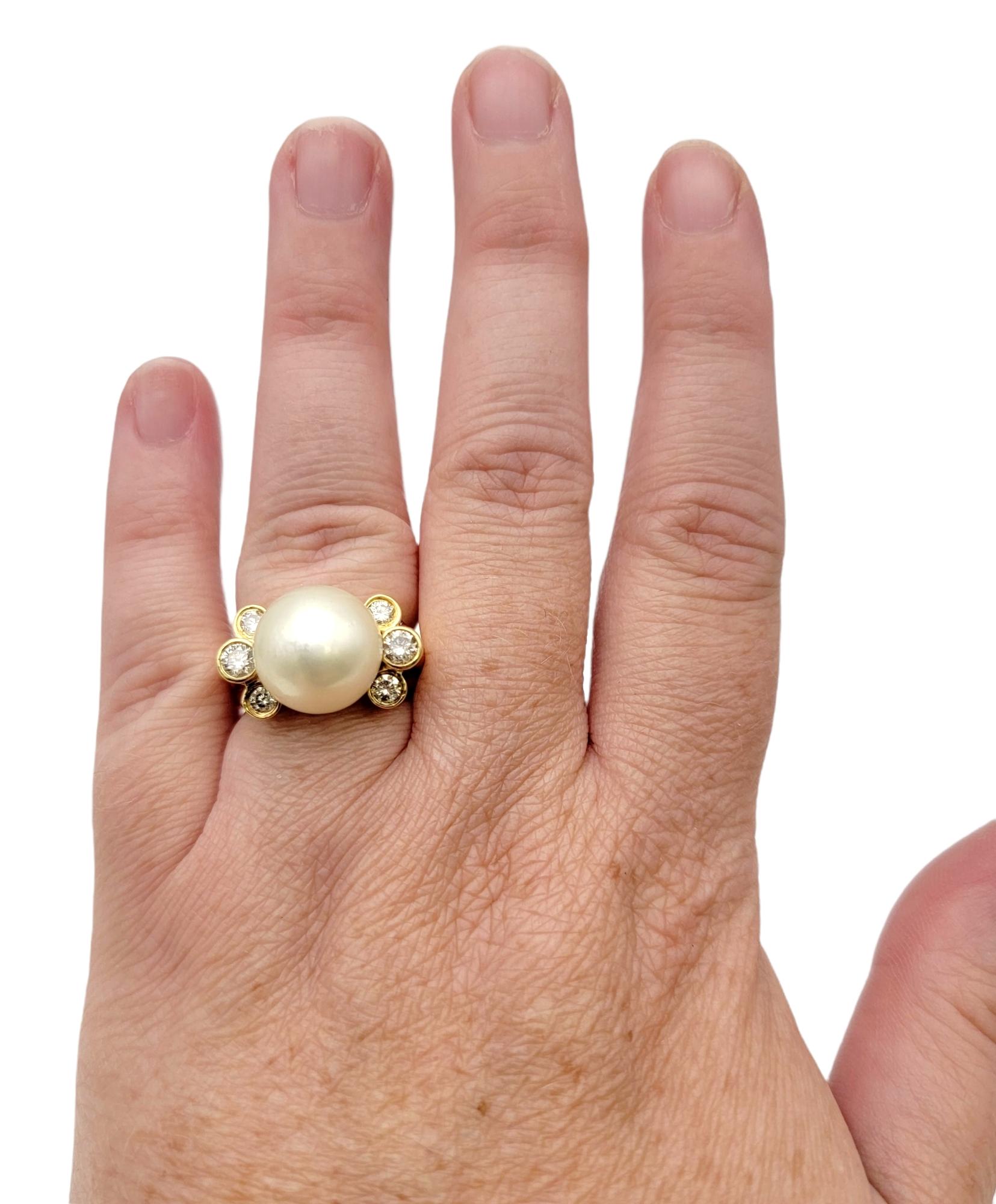 South Sea 12mm Cultured Pearl and Bezel Set Diamond Ring in 18 Yellow Gold  For Sale 5