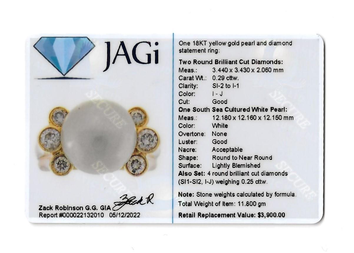 Bague en or jaune 18 carats avec perle de culture des mers du Sud de 12 mm et diamants sertis sur le chaton  en vente 10