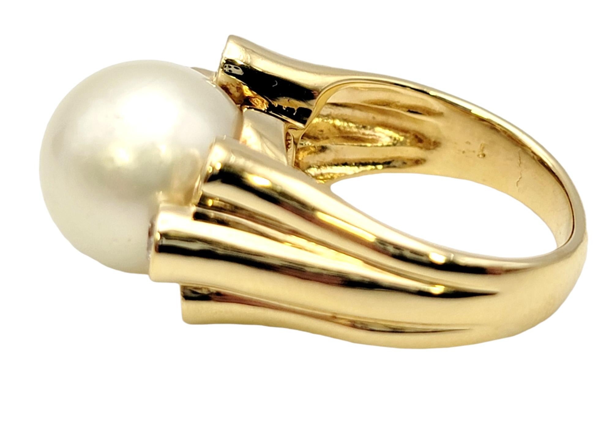 Contemporary South Sea 12mm Cultured Pearl and Bezel Set Diamond Ring in 18 Yellow Gold  For Sale
