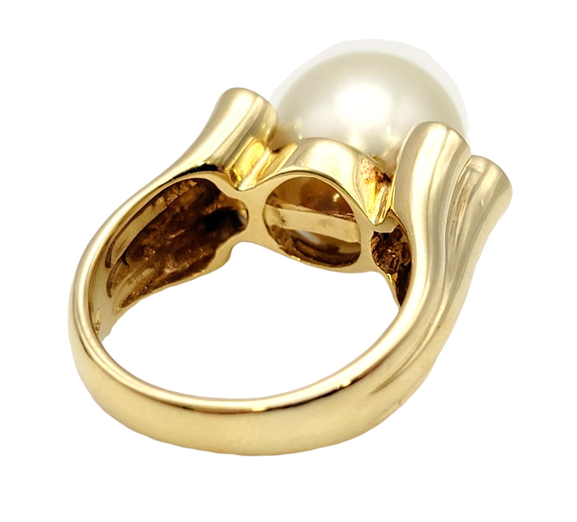 Round Cut South Sea 12mm Cultured Pearl and Bezel Set Diamond Ring in 18 Yellow Gold  For Sale