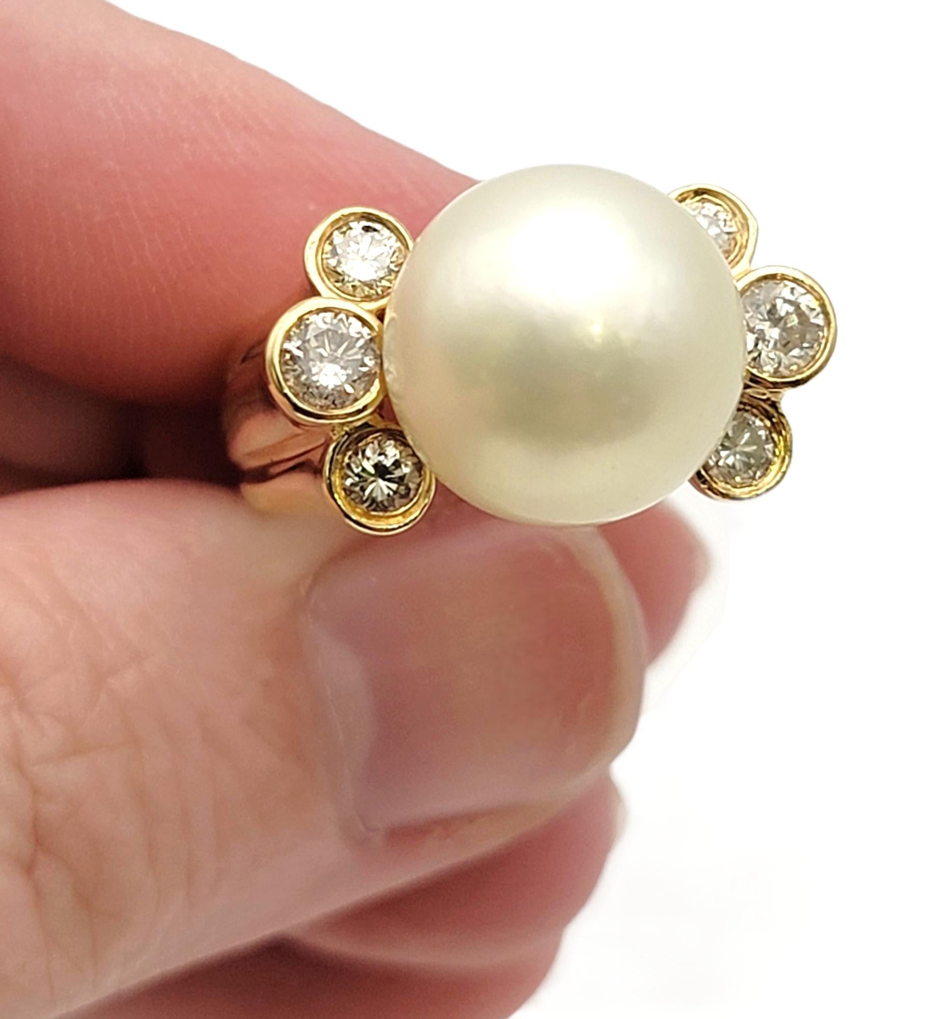 Women's South Sea 12mm Cultured Pearl and Bezel Set Diamond Ring in 18 Yellow Gold  For Sale