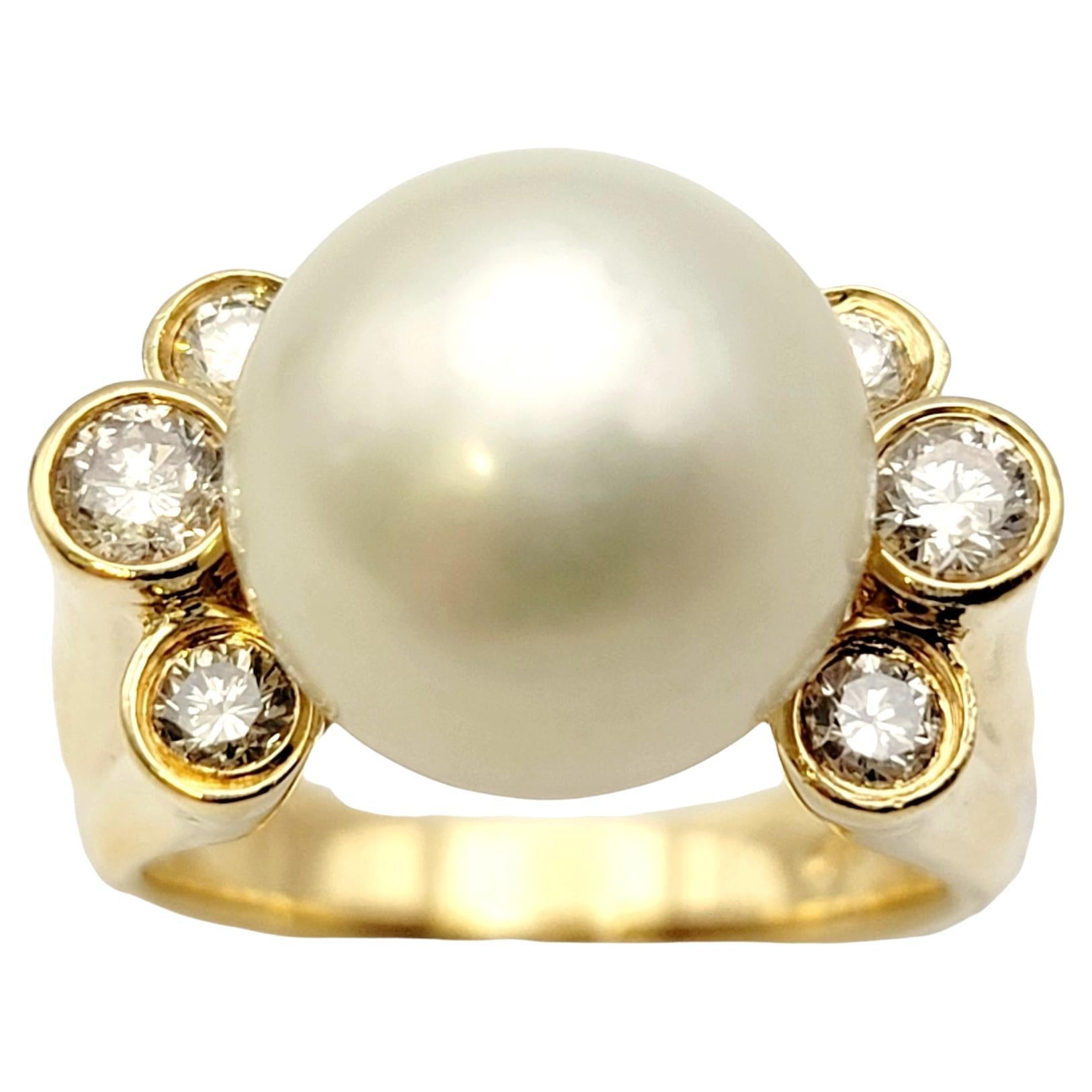 South Sea 12mm Cultured Pearl and Bezel Set Diamond Ring in 18 Yellow Gold  For Sale