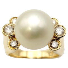 Used South Sea 12mm Cultured Pearl and Bezel Set Diamond Ring in 18 Yellow Gold 
