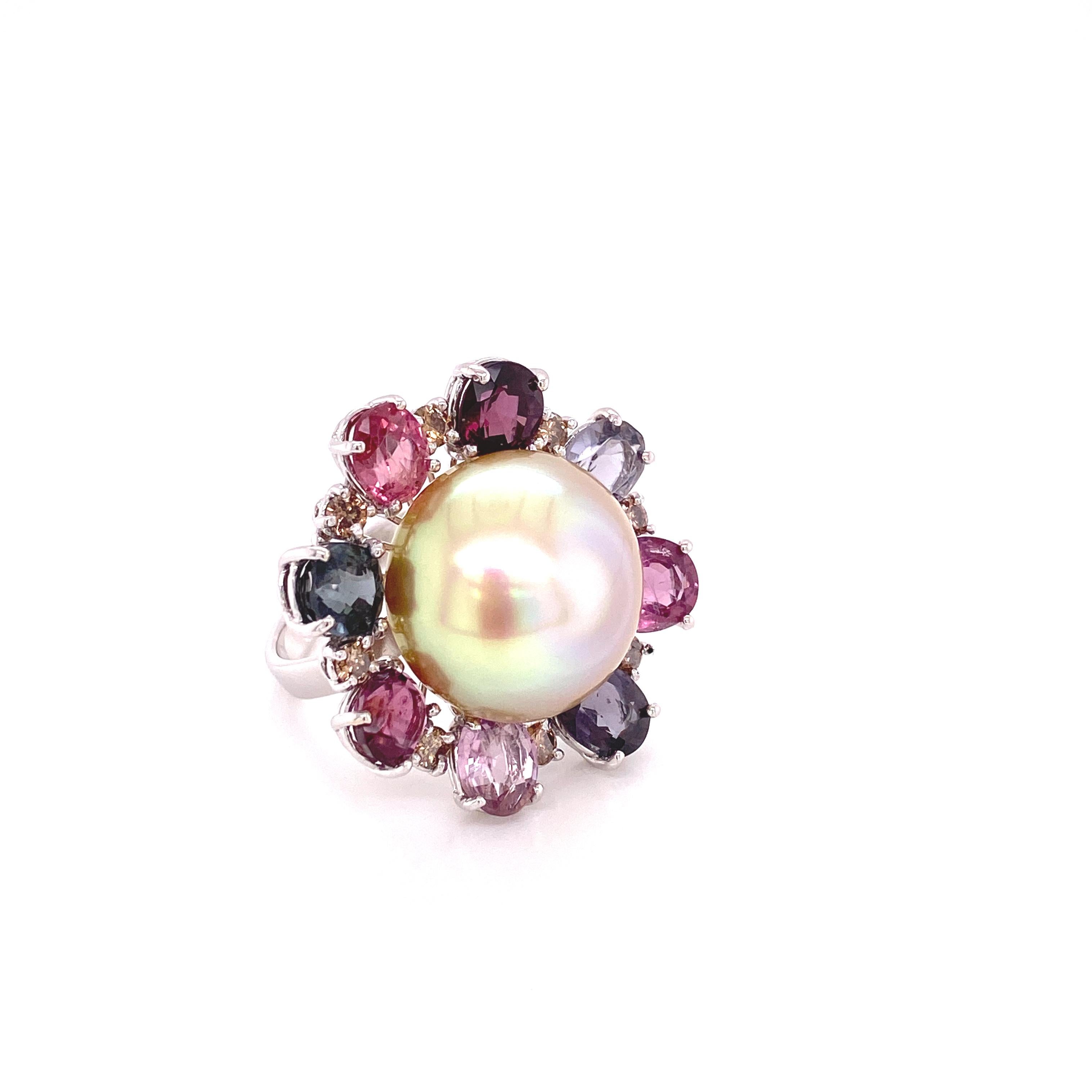 Contemporary South Sea Golden Pearl, Burmese Multicolored Spinel, and Brown Diamond Ring