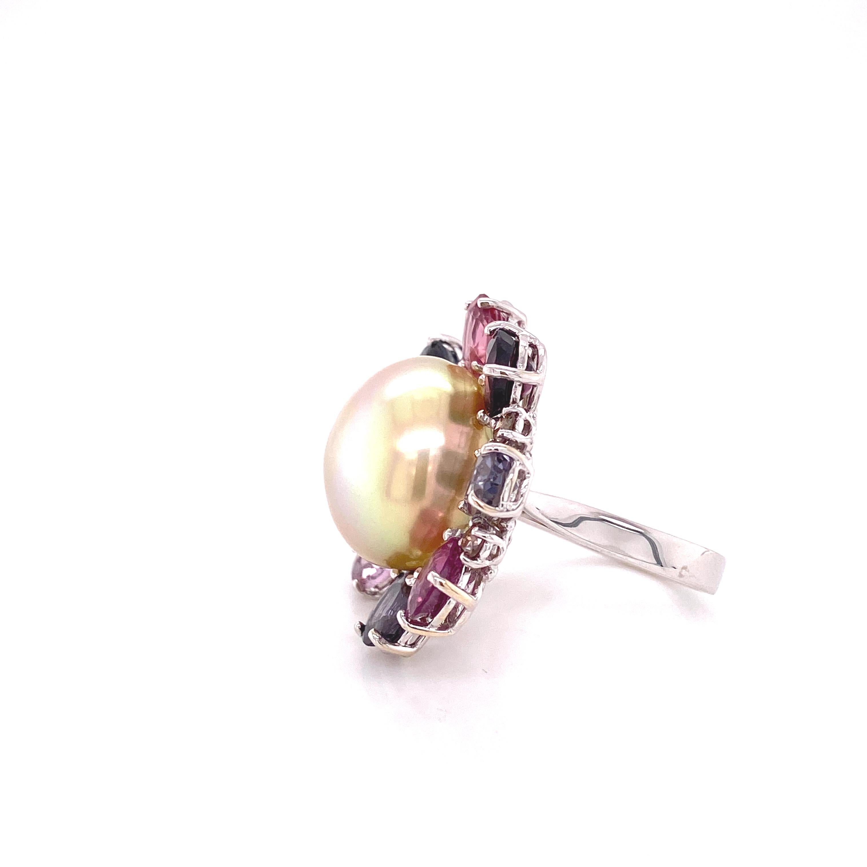 Women's or Men's South Sea Golden Pearl, Burmese Multicolored Spinel, and Brown Diamond Ring