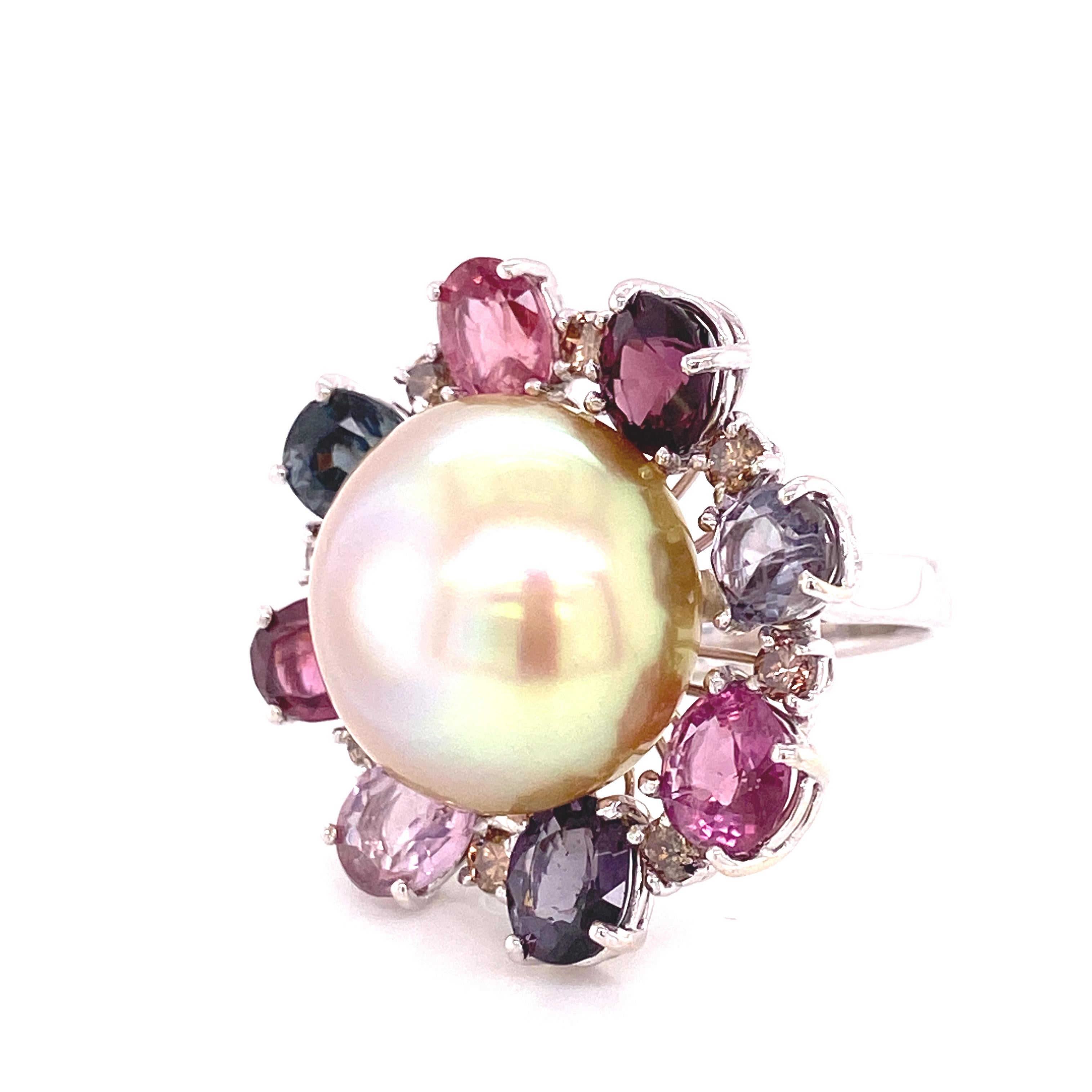South Sea Golden Pearl, Burmese Multicolored Spinel, and Brown Diamond Ring 1