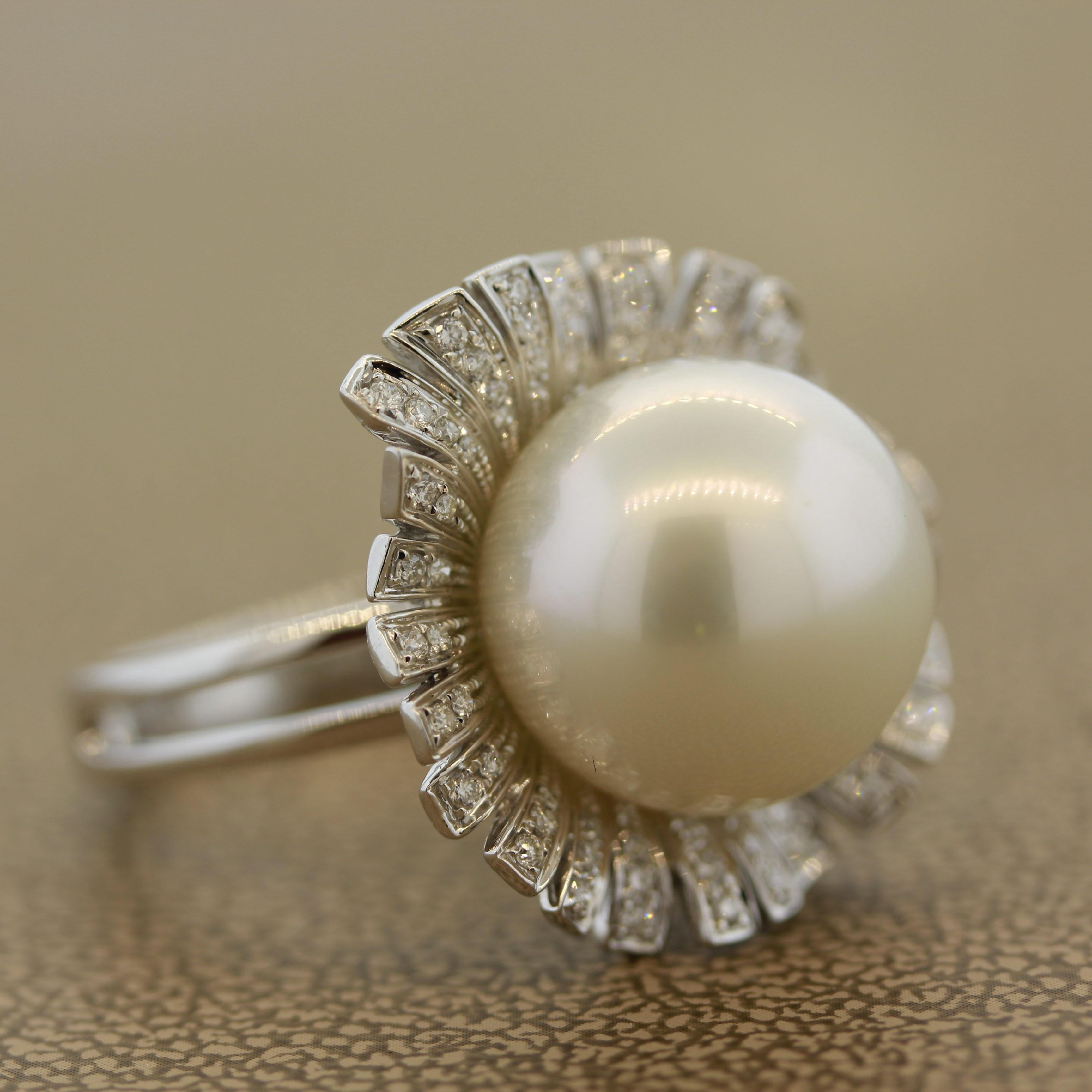 Women's South Sea Cultured Pearl Diamond Gold Blossom Ring For Sale