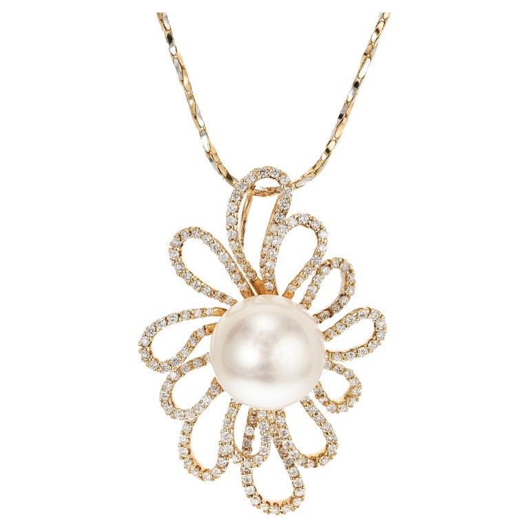 South Sea Cultured Pearl Diamond Yellow Gold Pendant Necklace For Sale ...
