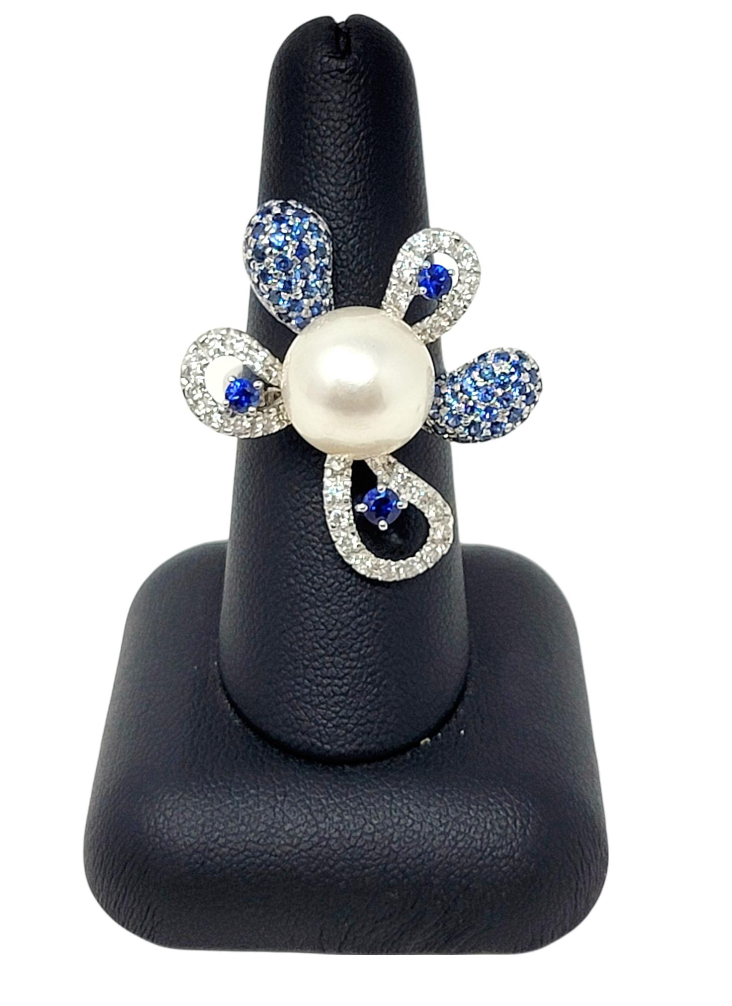South Sea Cultured Pearl Flower Cocktail Ring with Diamond and Sapphire Petals For Sale 5