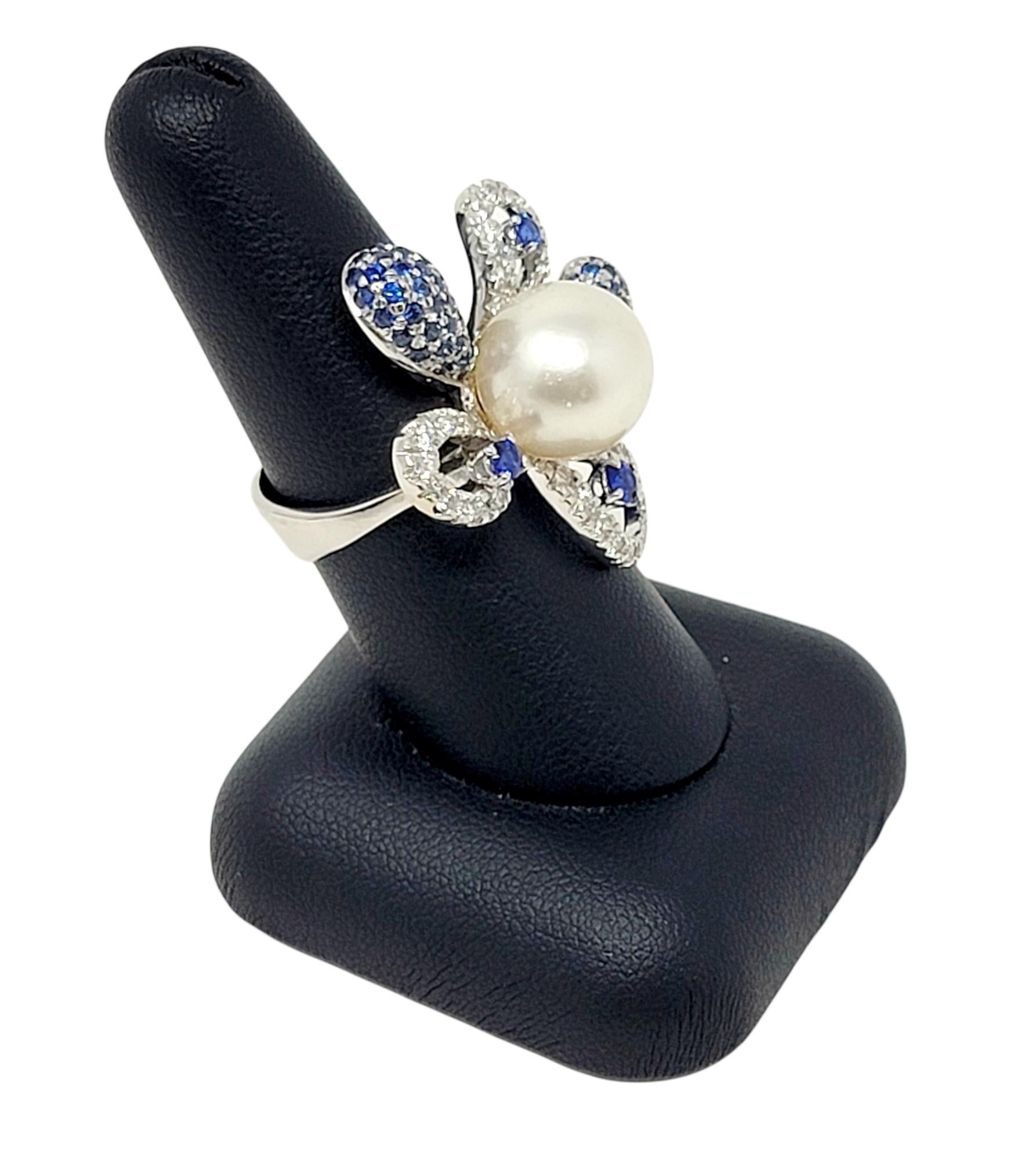 South Sea Cultured Pearl Flower Cocktail Ring with Diamond and Sapphire Petals For Sale 6