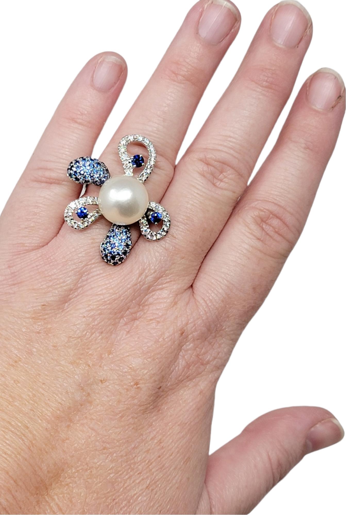 South Sea Cultured Pearl Flower Cocktail Ring with Diamond and Sapphire Petals For Sale 7