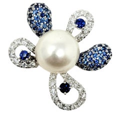 Whimsical Cultured Pearl, Diamond & Blue Sapphire Flower Ring in 18K Gold