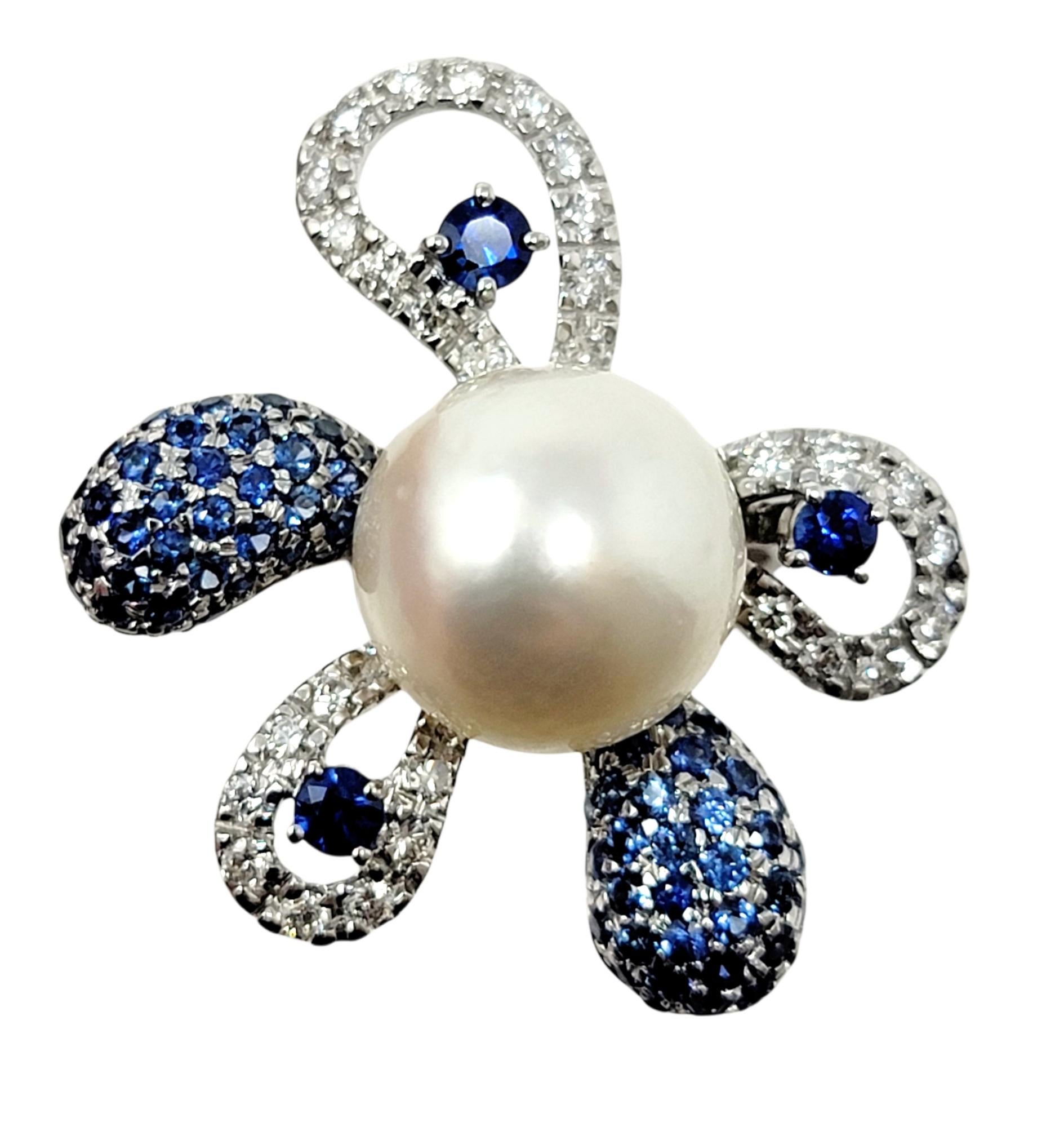Contemporary South Sea Cultured Pearl Flower Cocktail Ring with Diamond and Sapphire Petals For Sale