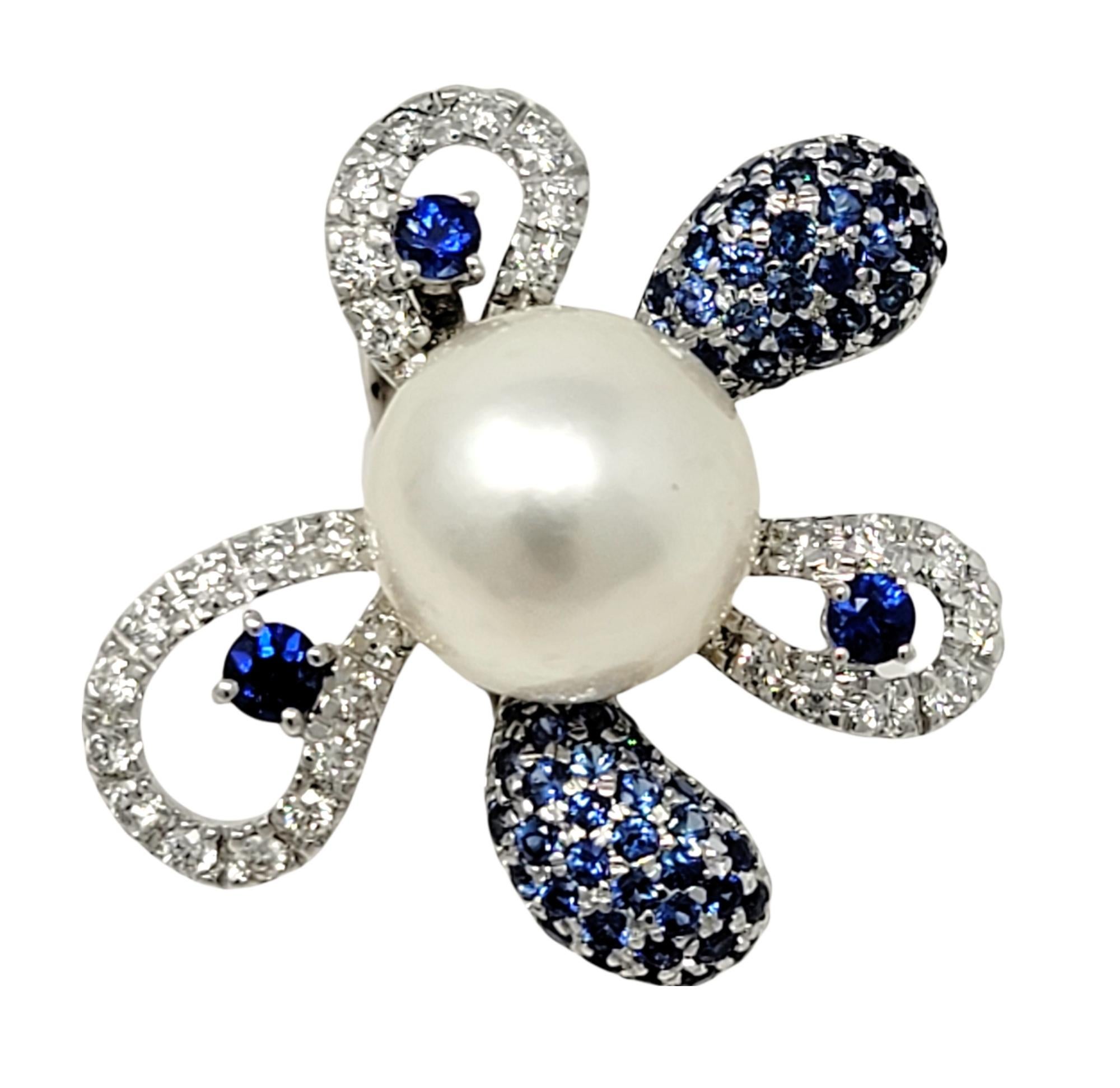 Round Cut South Sea Cultured Pearl Flower Cocktail Ring with Diamond and Sapphire Petals For Sale