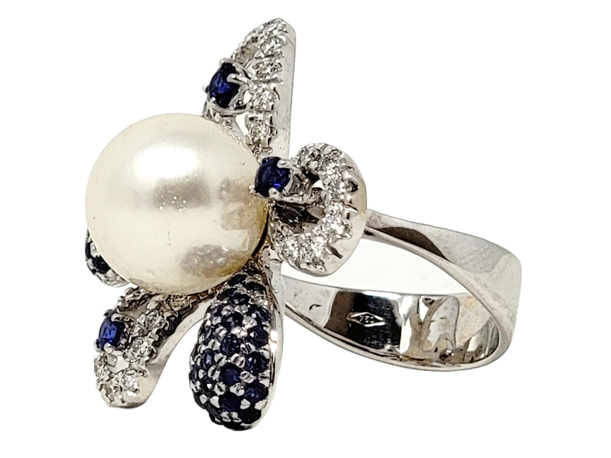 South Sea Cultured Pearl Flower Cocktail Ring with Diamond and Sapphire Petals In Good Condition For Sale In Scottsdale, AZ