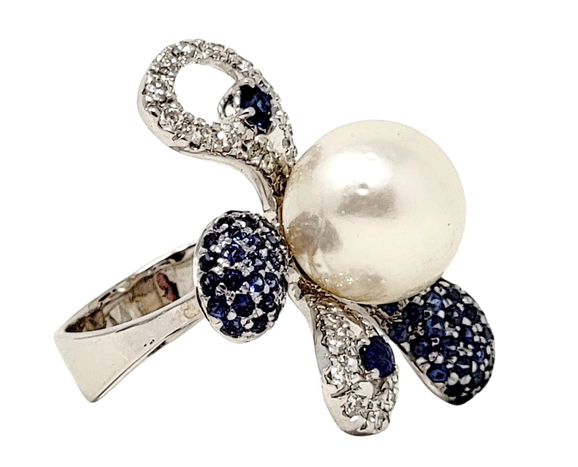 Women's South Sea Cultured Pearl Flower Cocktail Ring with Diamond and Sapphire Petals For Sale