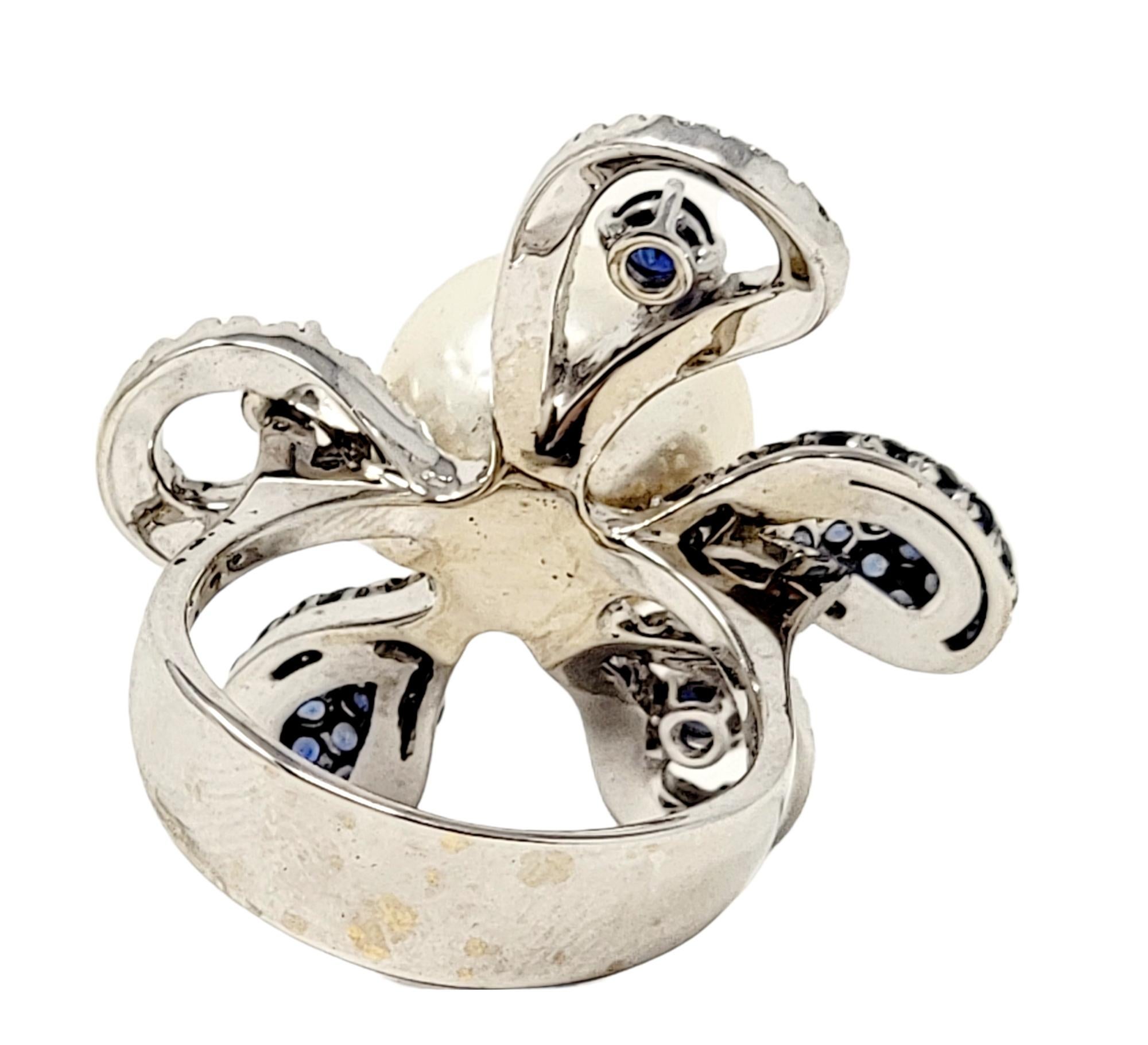 South Sea Cultured Pearl Flower Cocktail Ring with Diamond and Sapphire Petals For Sale 1