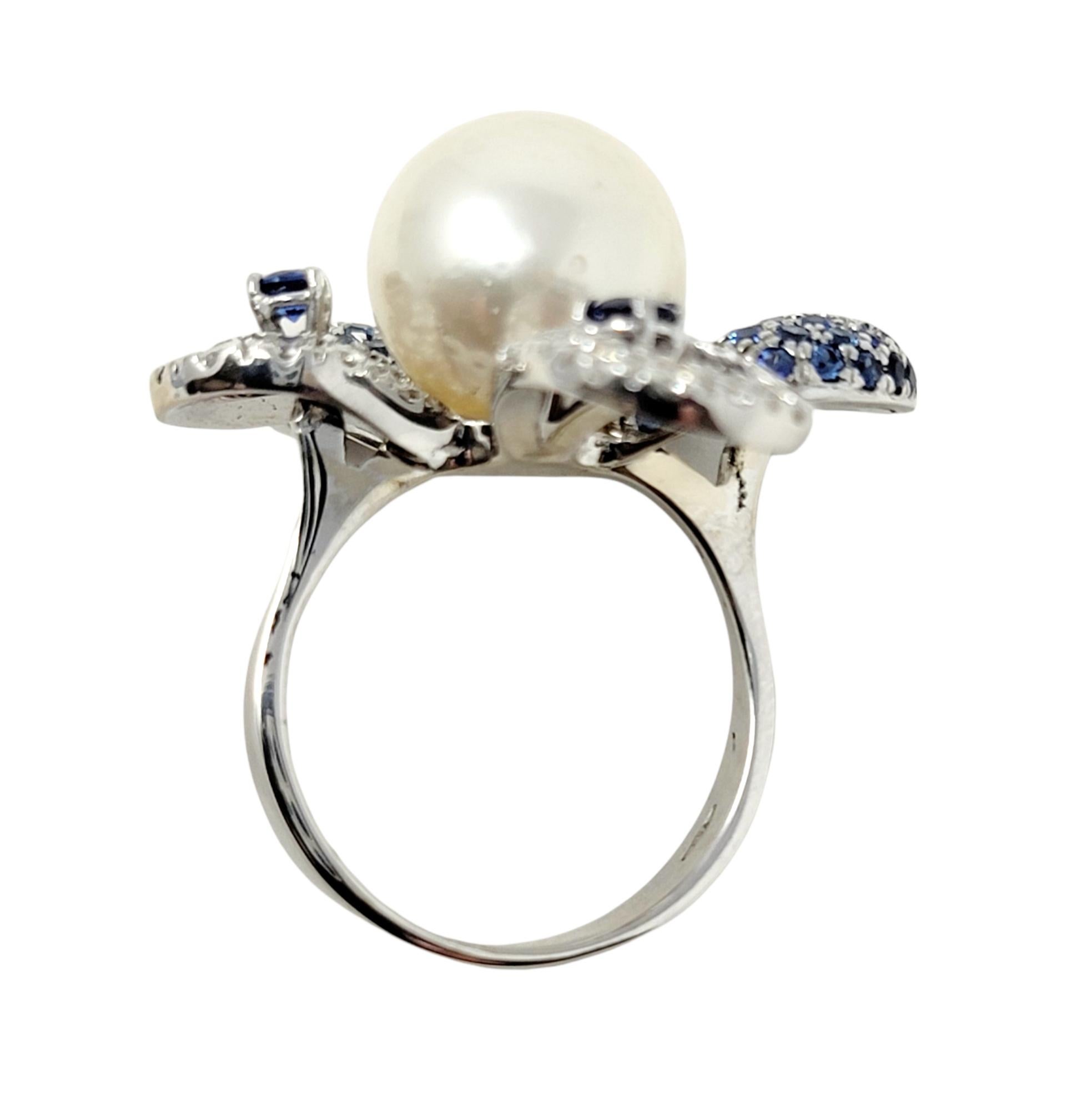South Sea Cultured Pearl Flower Cocktail Ring with Diamond and Sapphire Petals For Sale 3