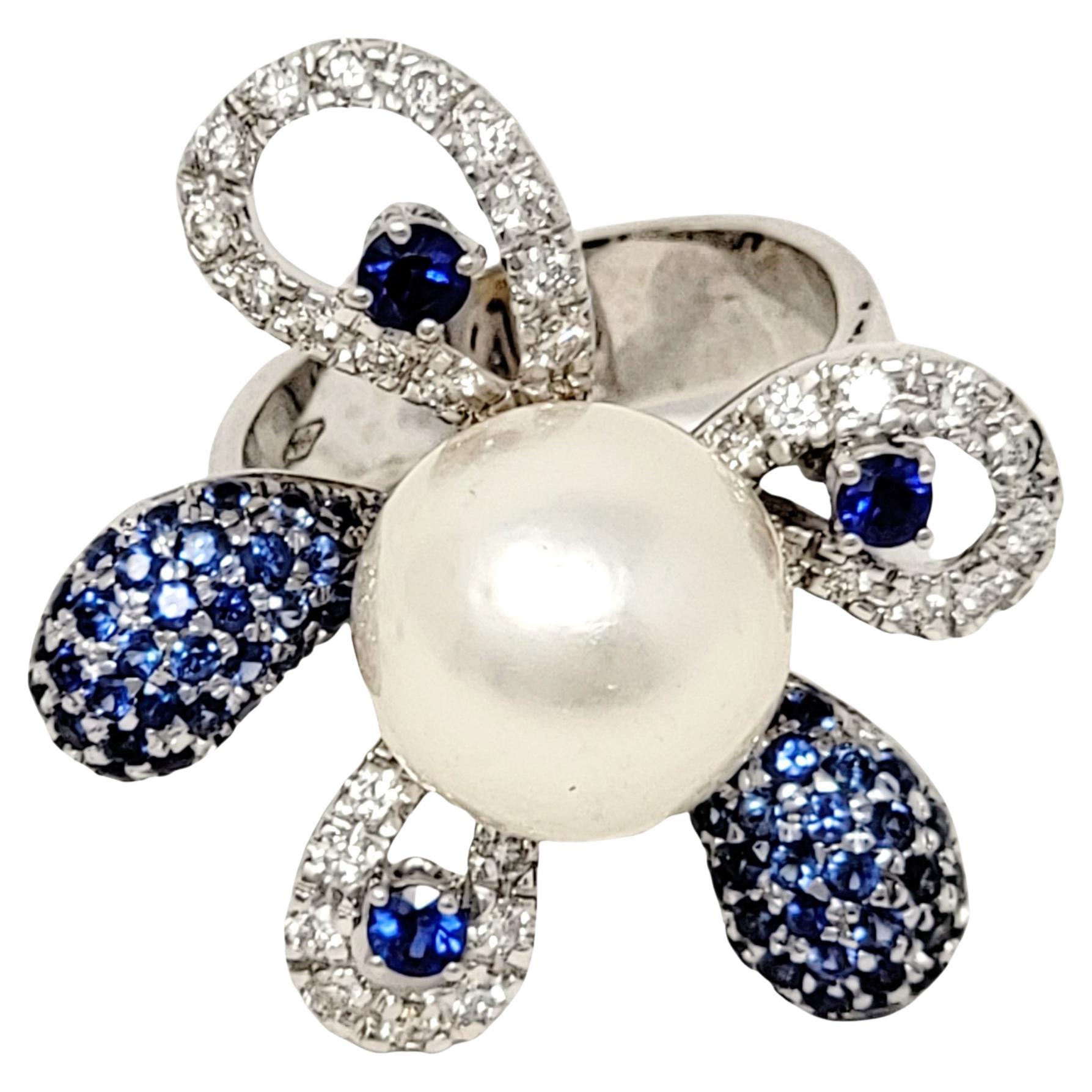 South Sea Cultured Pearl Flower Cocktail Ring with Diamond and Sapphire Petals For Sale